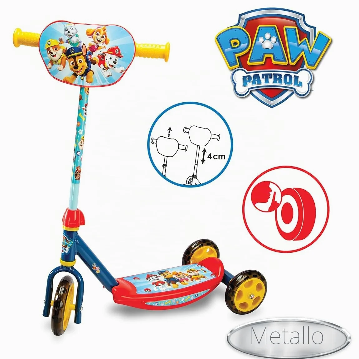 Smoby - Paw Patrol - Monopattino a 3 ruote - Manubrio regolabile - Altezza massima 67 cm - Poggiapiedi antiscivolo - Fino a 20 kg - Dai 3 anni