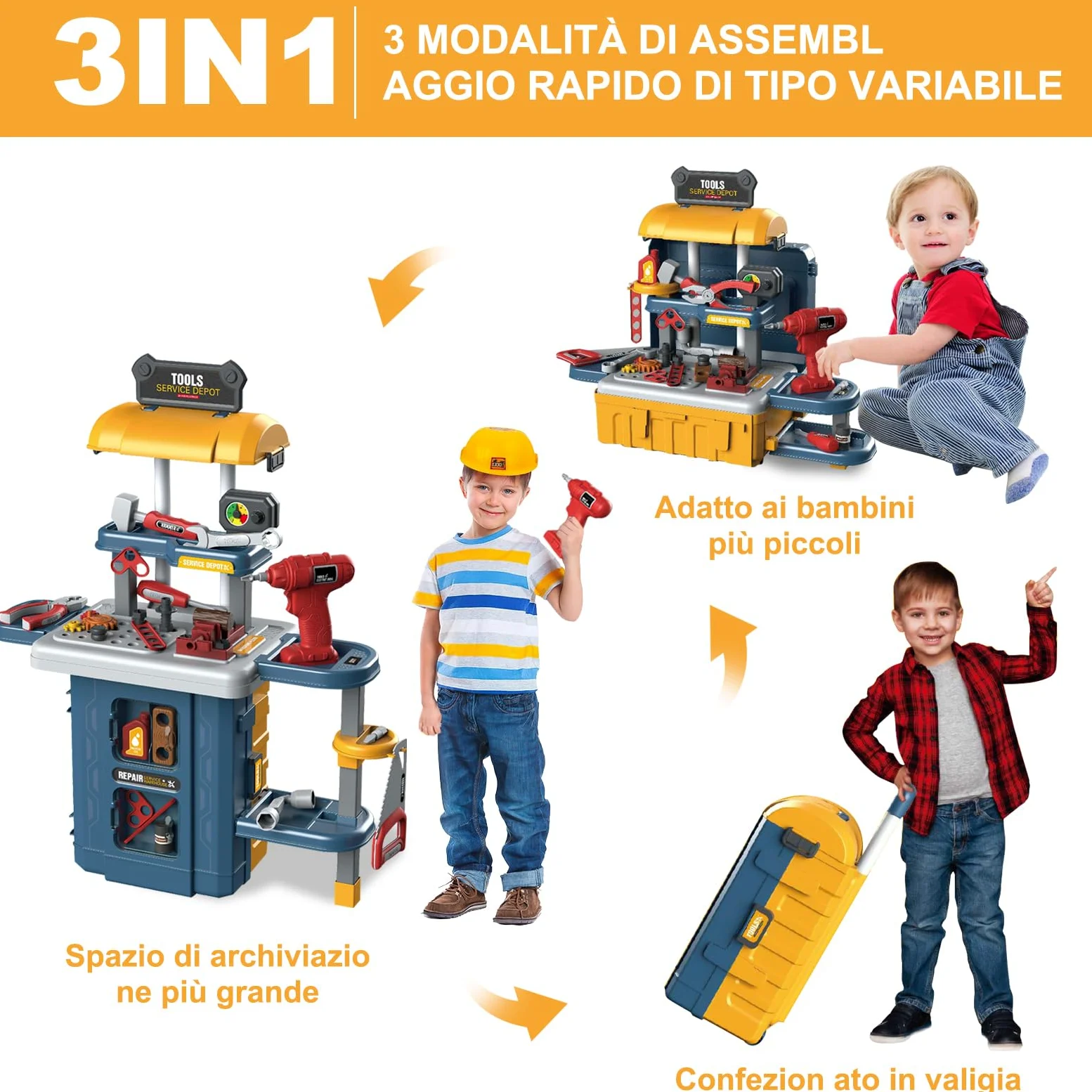 JONRRYIN Banco da Lavoro per Bambini, Cassetta Attrezzi Bambini, 46 Pezzi | Banco Attrezzi Bambini con Trapano Luci e Suoni, Attrezzi da Lavoro, Gioco Educativo e di Imitazione, Regalo da 3 Anni
