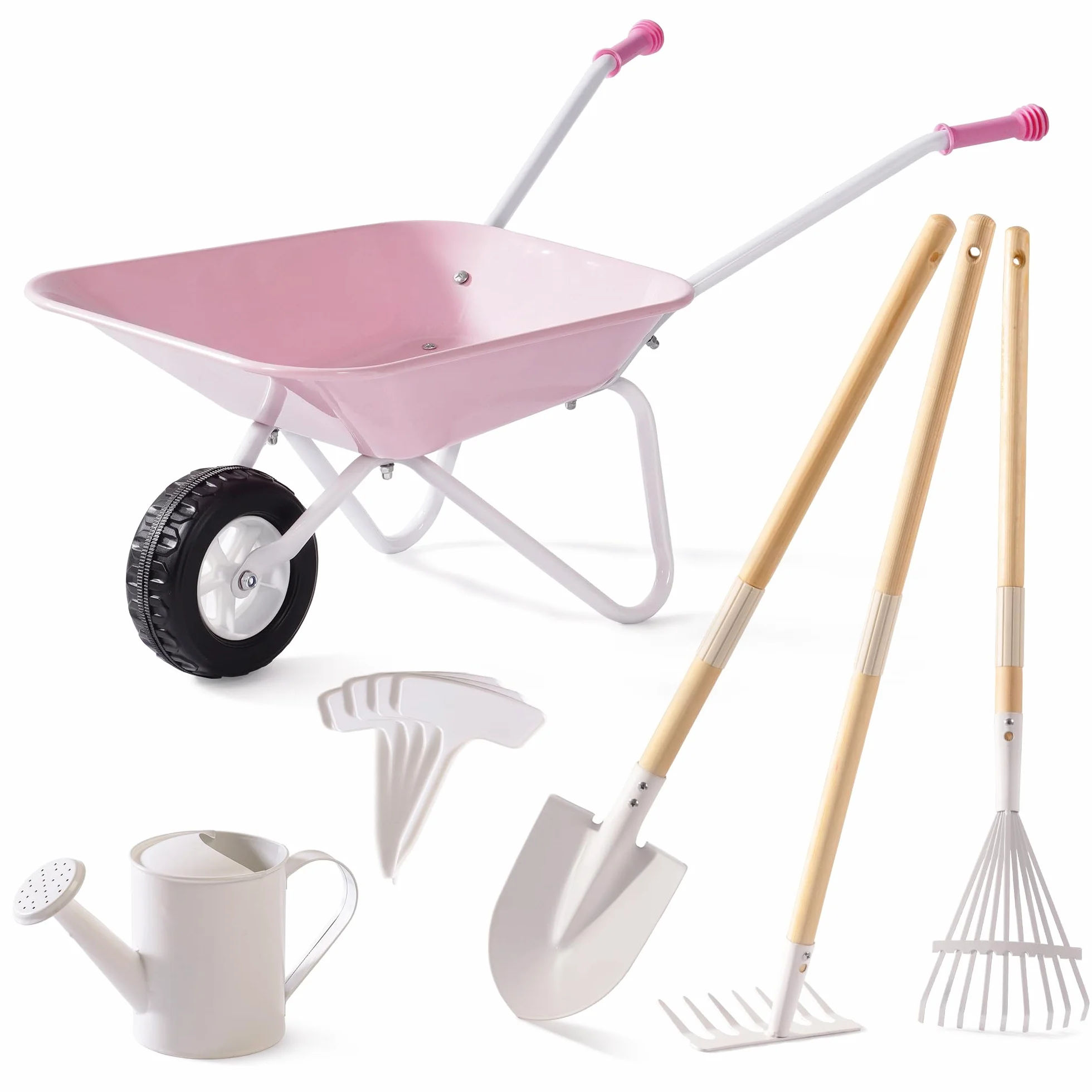 ROBUD Carriola per bambini in metallo con set di attrezzi da giardino, 6 pezzi: carriola per bambini con pala lunga, rastrello, scopa per foglie, annaffiatoio e etichette per piante, giocattolo da