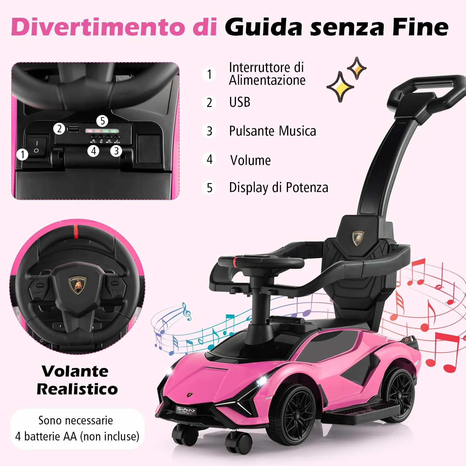 COSTWAY 3 in 1 Auto da Spinta con Paracolpi e Manubrio Rimovibili, Musica e Fari, Rosa per Bambini 18-24 Mesi