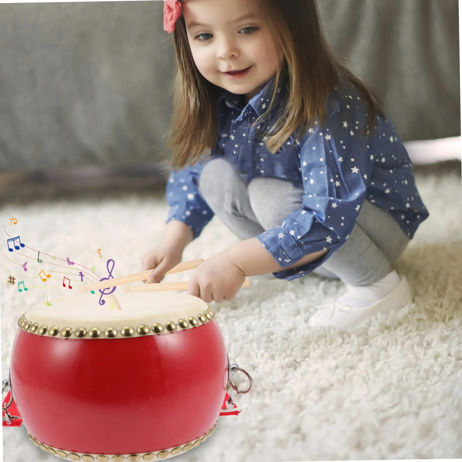 Tamburo Giocattolo in Pelle di Mucca in Legno Rosso | Strumento Percussione Musicale, per Feste di Celebrazione, per Bambini e Adulti