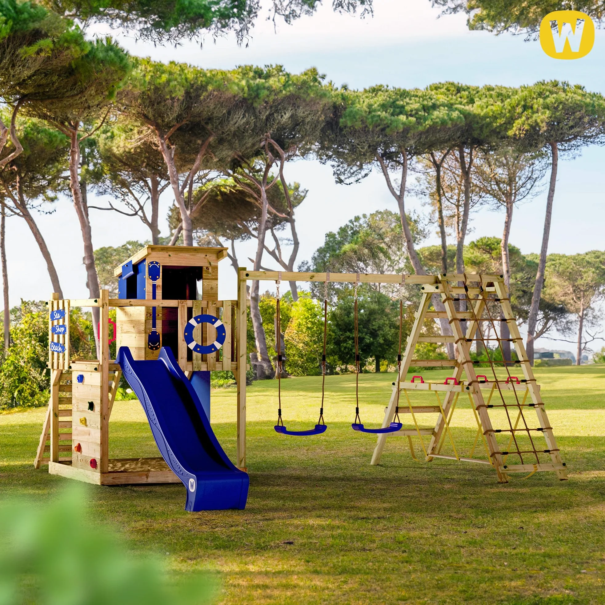 Gioco da giardino WICKEY Smart Surf con altalena e scivolo blu, struttura da esterno per bambini con sabbiera, scaletta e accessori da gioco