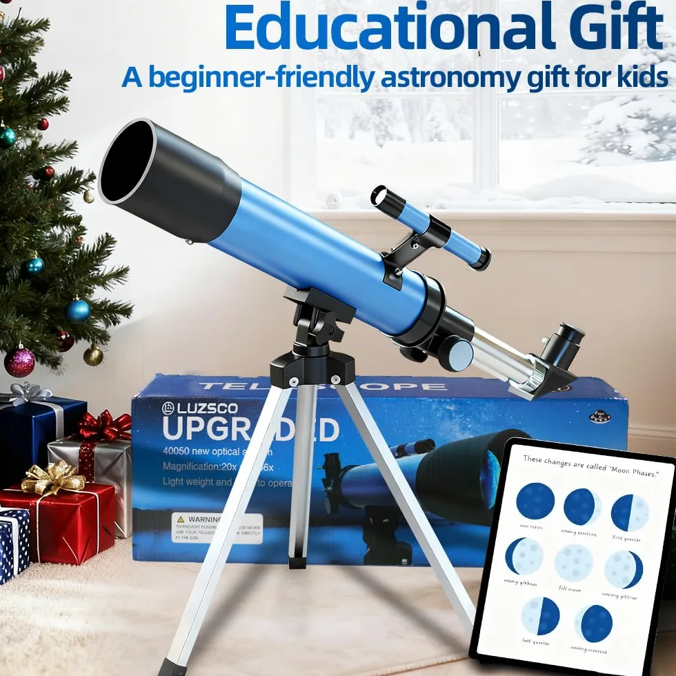 Telescopio astronomico per bambini dagli 8 ai 12 anni con treppiede, telescopio per principianti, apertura 50 mm, regalo educativo per osservare gli uccelli lunari, per ragazzi e ragazze dai 6