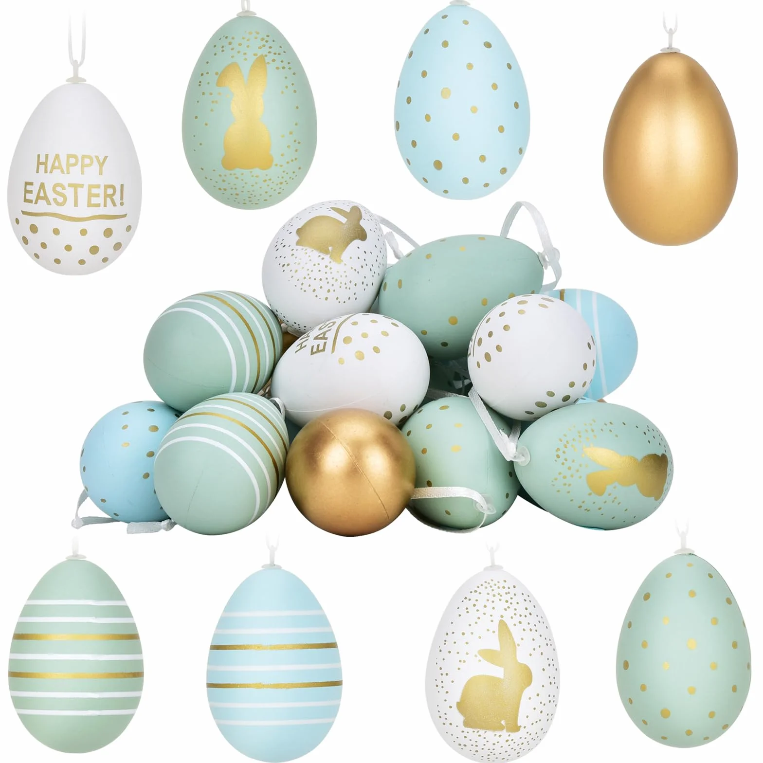 24 uova di Pasqua in plastica con cordino, decorazione pasquale perfetta da appendere all'aperto, uova di Pasqua in 3 colori, oro, azzurro, verde chiaro, bianco, 6 cm x 4 cm in 7 diversi design