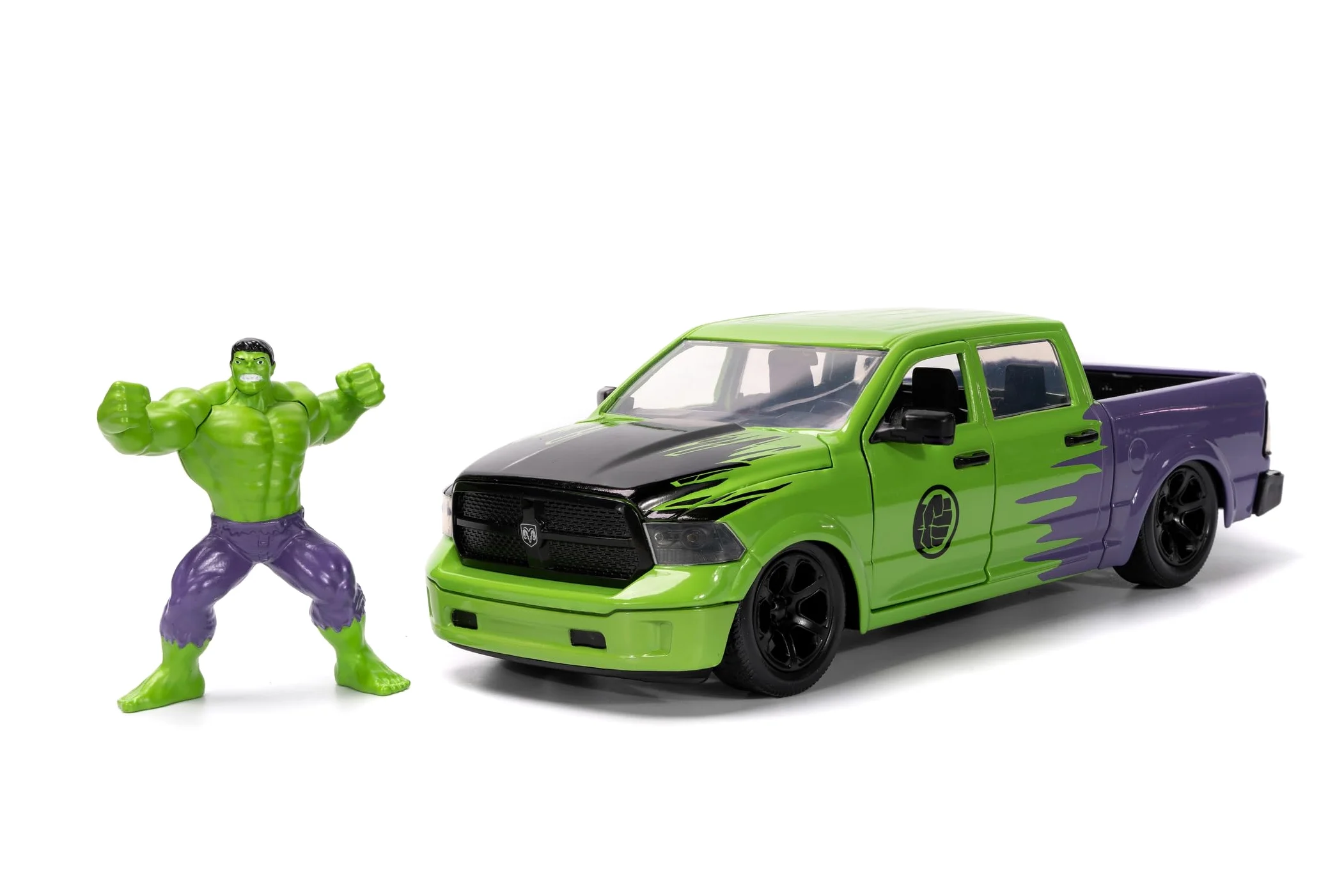 Jada Toys Marvel Hulk Figura con Modellino Auto 2014 Dodge Ram 1500 - Set da Collezione Avengers (6 cm) e Auto Giocattolo (20 cm) per Appassionati e Bambini