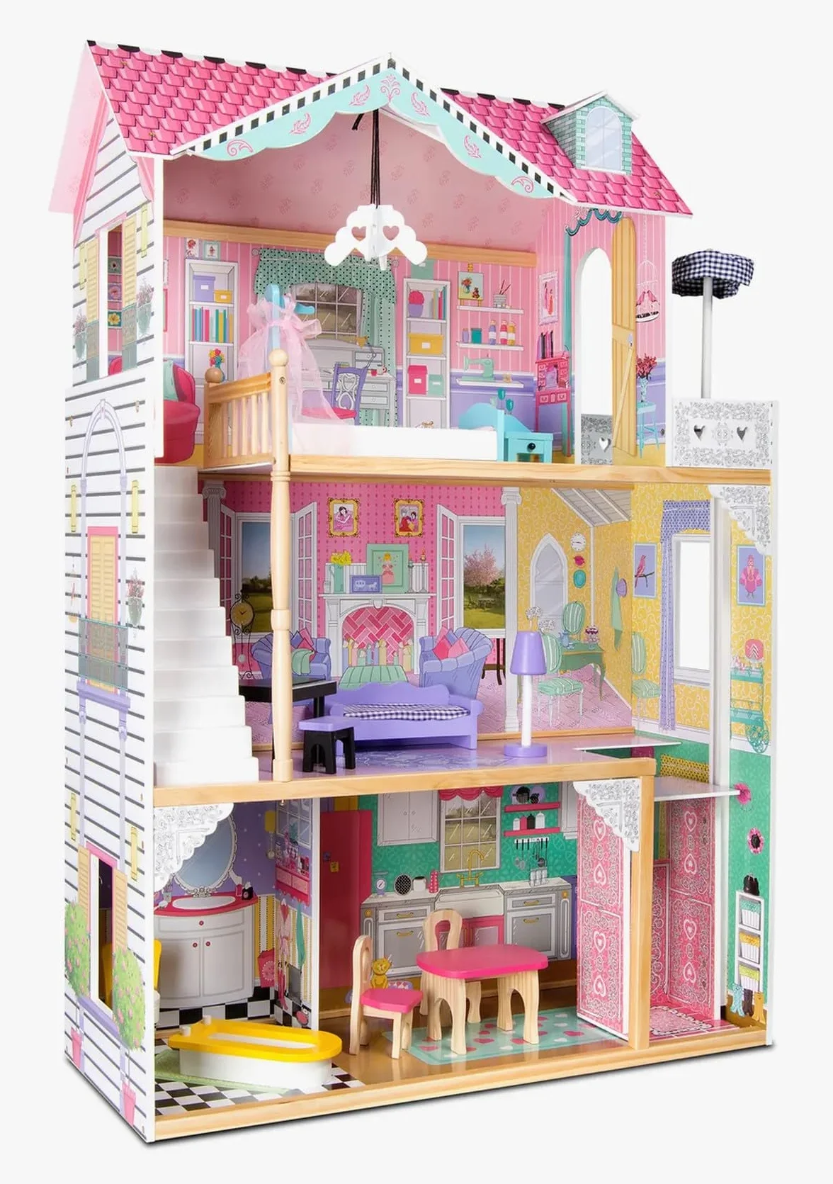 Casa delle Bambole in Legno Grande con Ascensore e Illuminazione, Villa a 3 Piani con Terrazza, Mobili e Accessori Inclusi, per Bambole fino 30 cm, Gioco di Ruolo Educativo, Regalo Bambini 3+