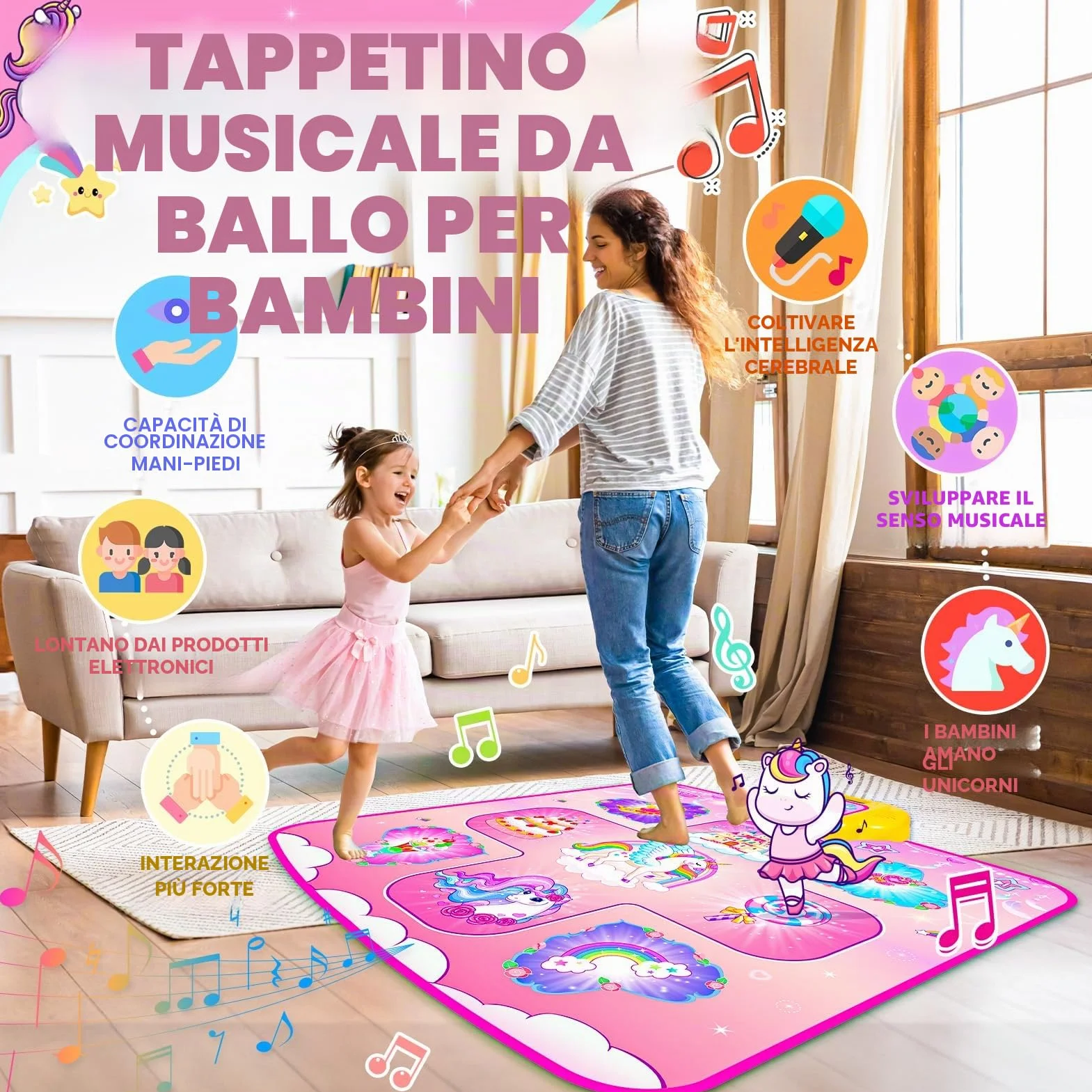 Tappetino da Ballo Unicorno per Bambine 2-6 Anni, Giocattolo Danza 5 Livelli, Regalo Compleanno Natale