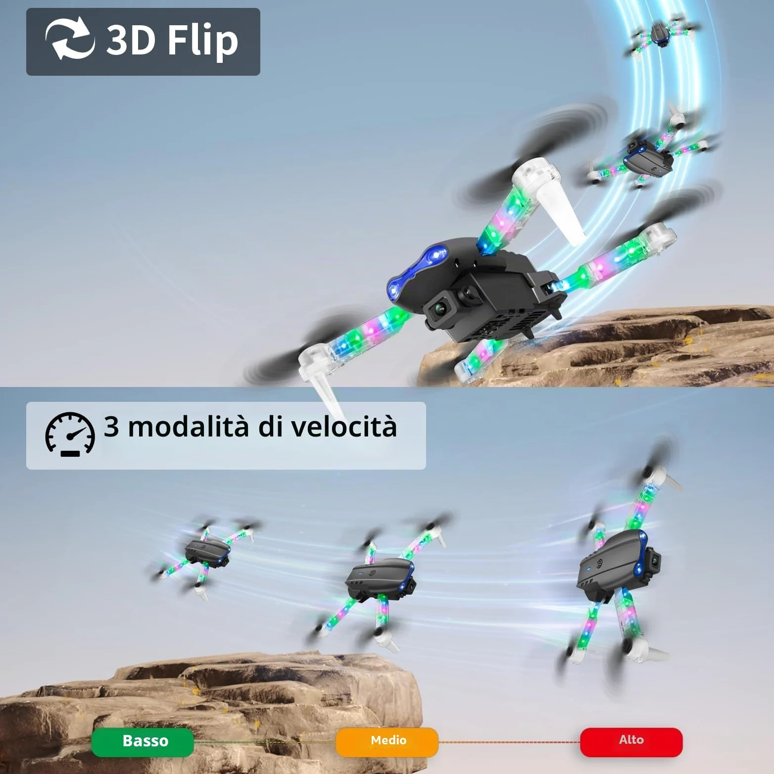 OBEST Drone con Telecamera per Principiante,Mini Drone Professionale con Luce LED Colorata,Wifi FPV Pieghevole RC Quadcopter,Capovolgimento 3D,Atterraggio e Volo con un Clic