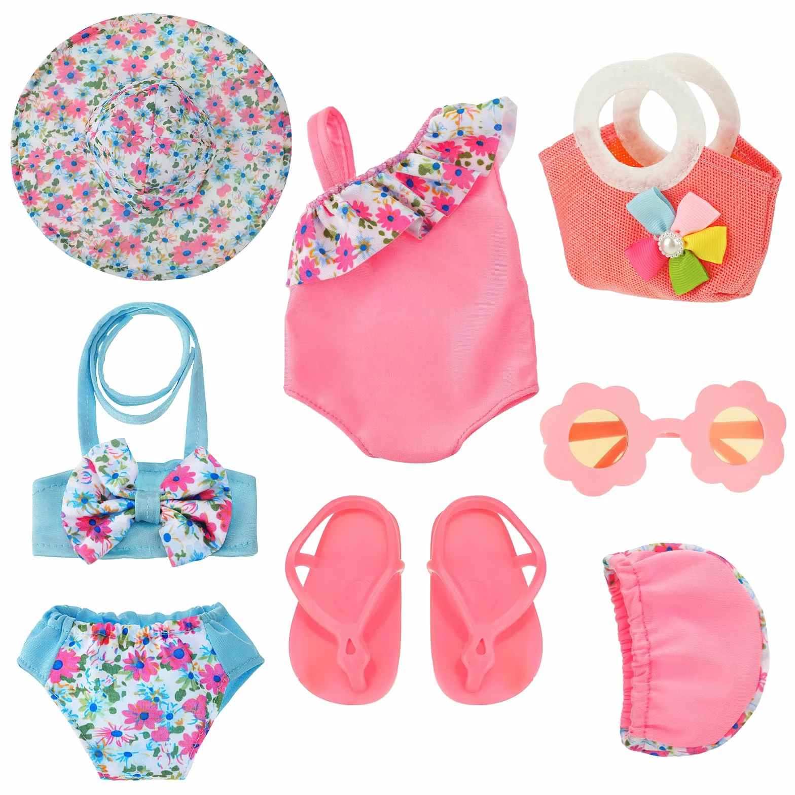 Costume da Bagno per Bambole, Set di Nuoto per Bambole, Vestiti Bambola Estate con Costumi da Bagno, Occhiali da Sole,Cappello, Pantofole, Vestite Bambole Reborn per Bambole 35-45 cm
