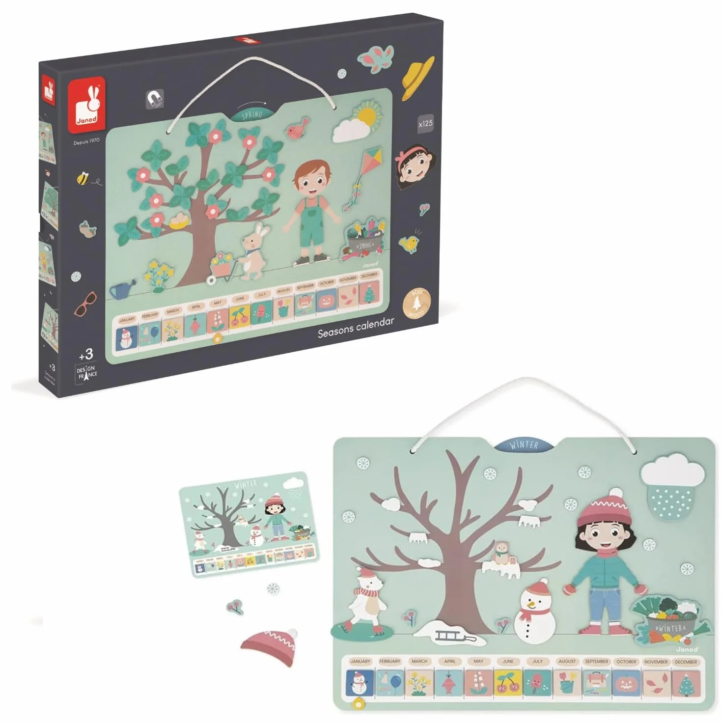 Janod - Calendario delle Stagioni - Calendario Educativo in Legno per Bambini 42 x 32 cm - Magnetico - 125 Magneti - Imparare Tempo e Stagioni - Versione Francese - dai 3 Anni, J547