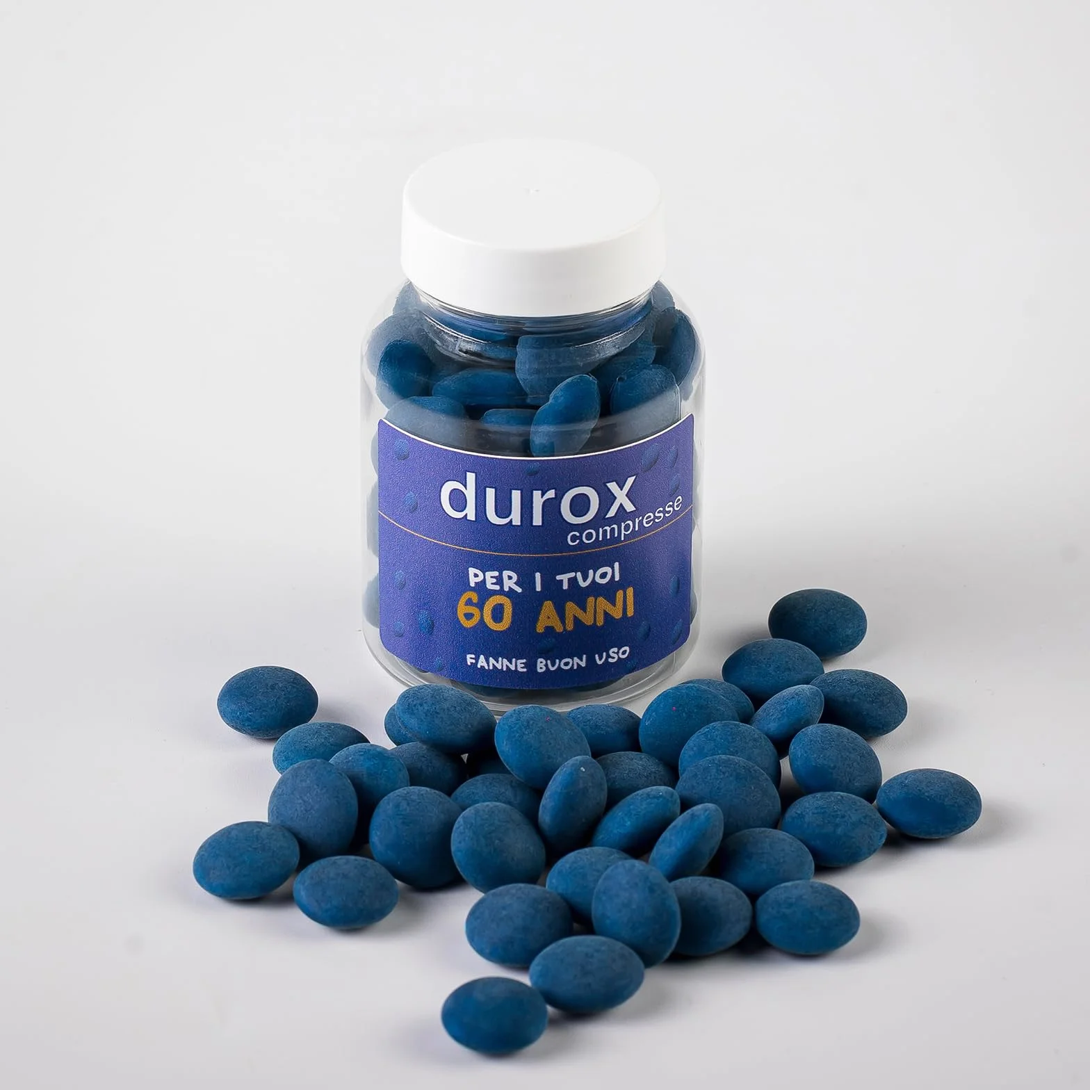 DUROX Compresse Blu 60 Anni – Scherzo Wiagras Goliardico per Uomo – Idea Regalo Divertente Compleanno 60 anni – Confetti Blu al Cioccolato – FANNE BUON USO