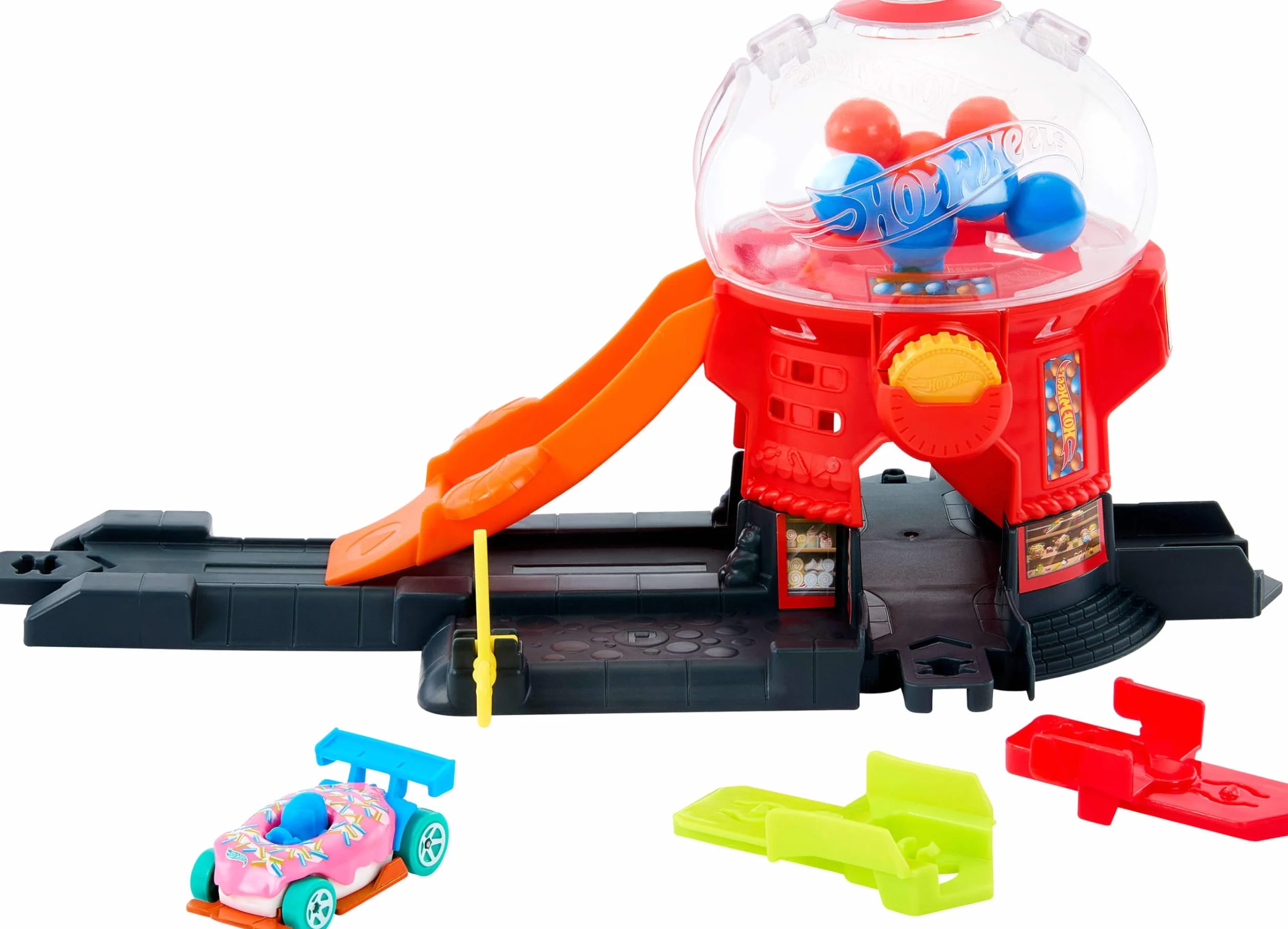 Hot Wheels - Negozio di Caramelle, Set Pista con rampa, Veicolo a Forma di Ciambella in Scala 1:64 Incluso e Speed Snap Track, Giocattolo per Bambini, 3+ Anni, JBM62