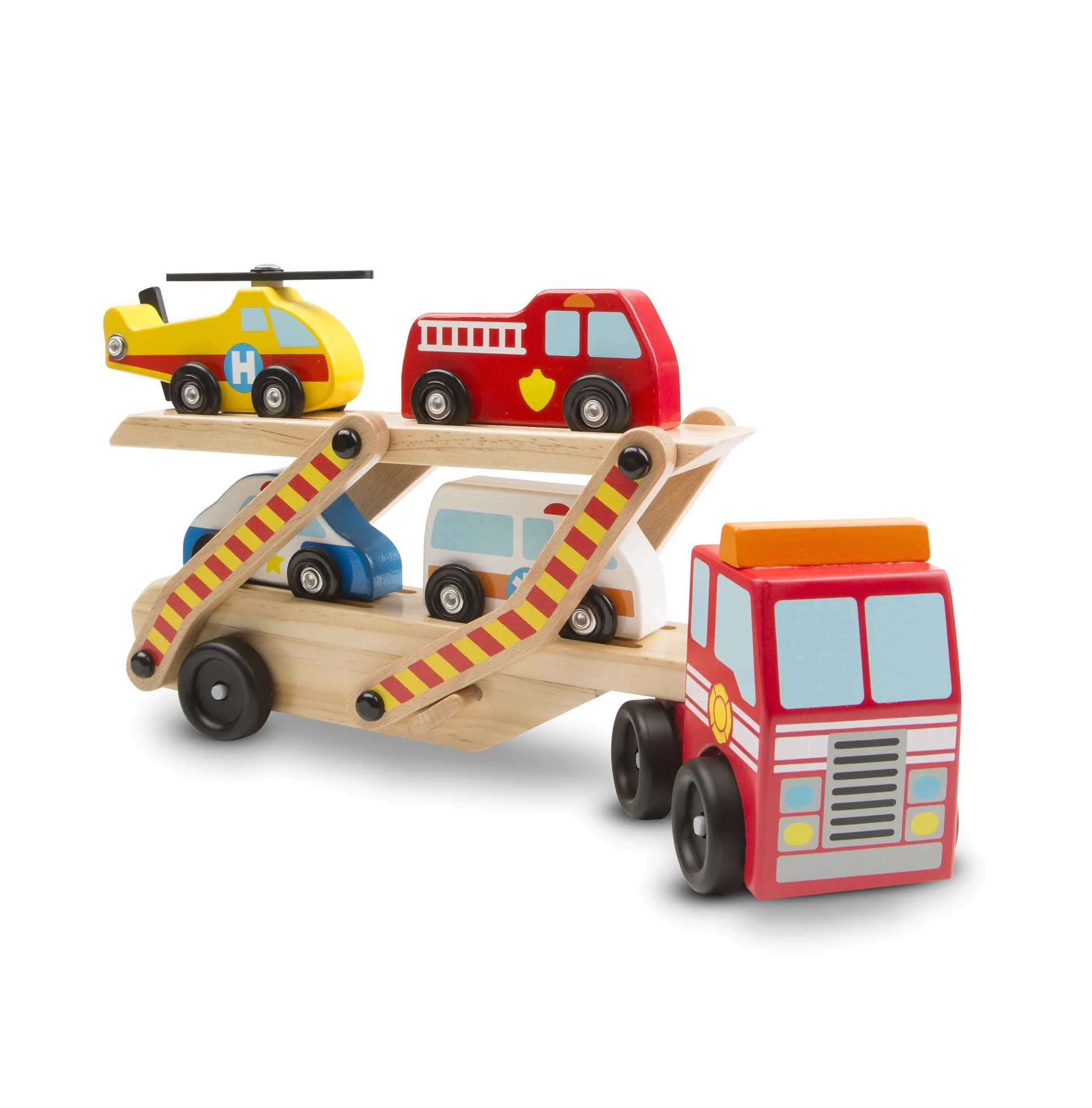 Melissa & Doug Carro Attrezzi Giocattolo 5 Pezzi Elicottero, Ambulanza, Macchina Polizia e Camion dei Pompieri | Giochi in legno | Camion per Bambini dai 3 ai 6 anni