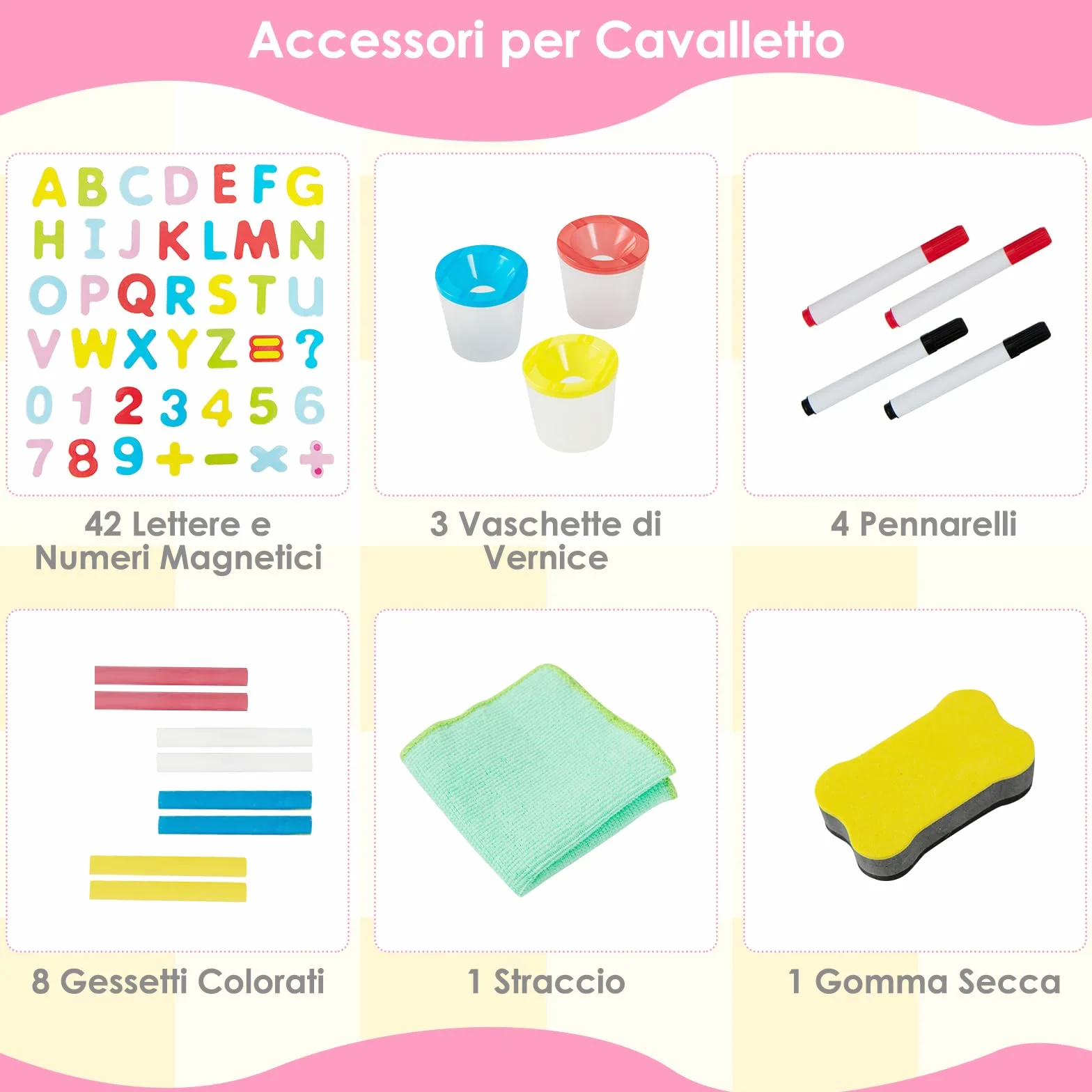 COSTWAY Cavalletto per Bambini Regolabile in Altezza in Legno, Cavalletto a Doppio Lato con Lavagna Magnetica e Bianca, con Scatola, Magneti con Lettere e Numeri, per Bambini 3-8 Anni (Rosa)