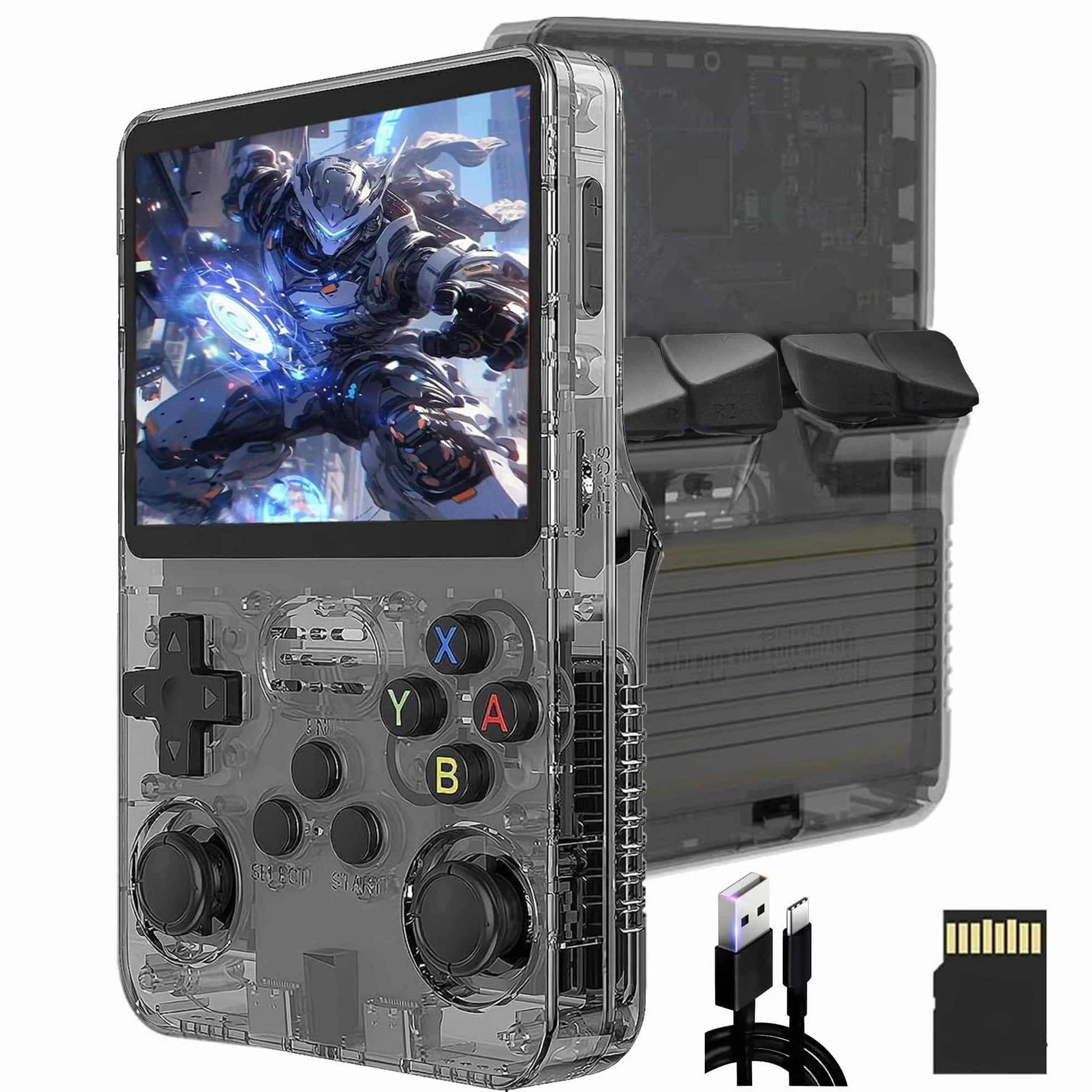 Drqzwp R36S Console Retro Game Portatile aggiornata, Funzione di Archiviazione Manuale, Pulsanti Ergonomici, Oltre 15.000 Giochi Classici Retrò Supporto per l'aggiunta di Altri Giochi (Nero/64G)