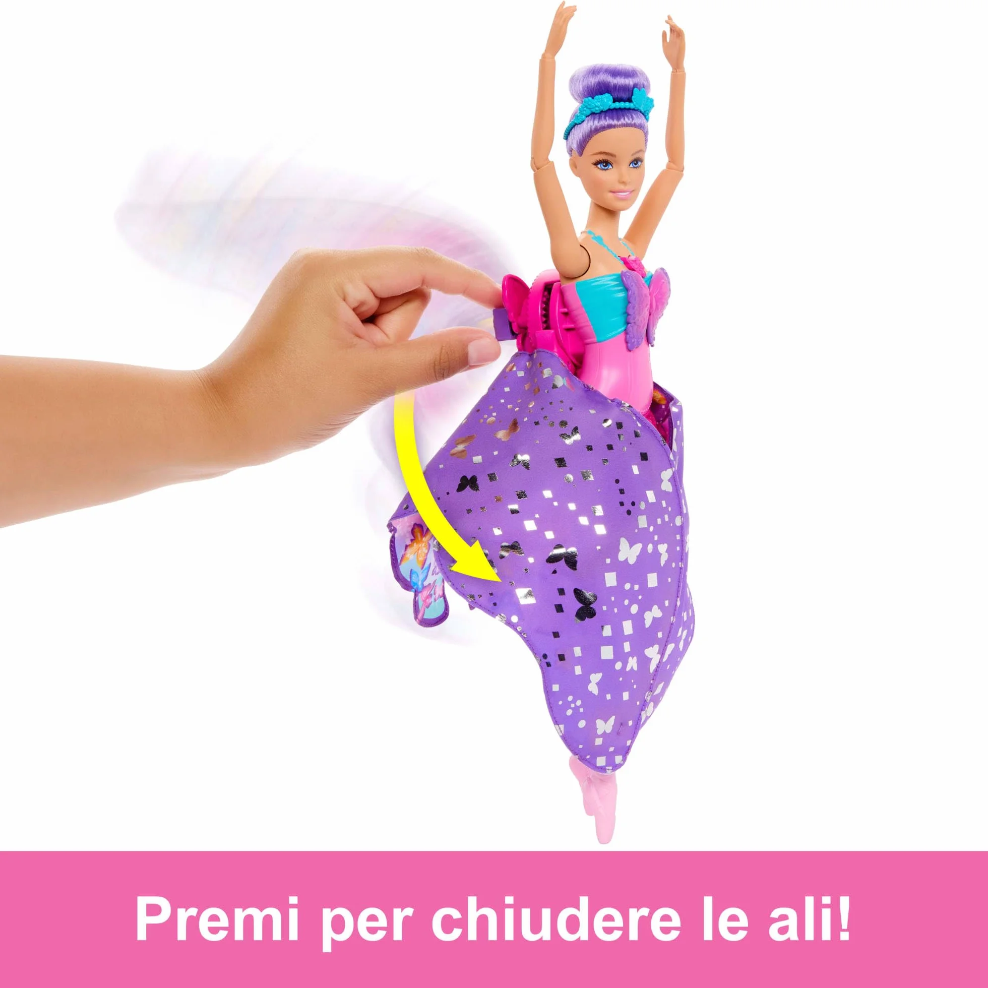 Barbie - Ali Scintillanti, bambola dai capelli viola, trasformazione 2 in 1 da ballerina a farfalla con ali apribili, cerchietto e tutù rimovibile inclusi, giocattolo per bambini, 3+ anni, HXJ10