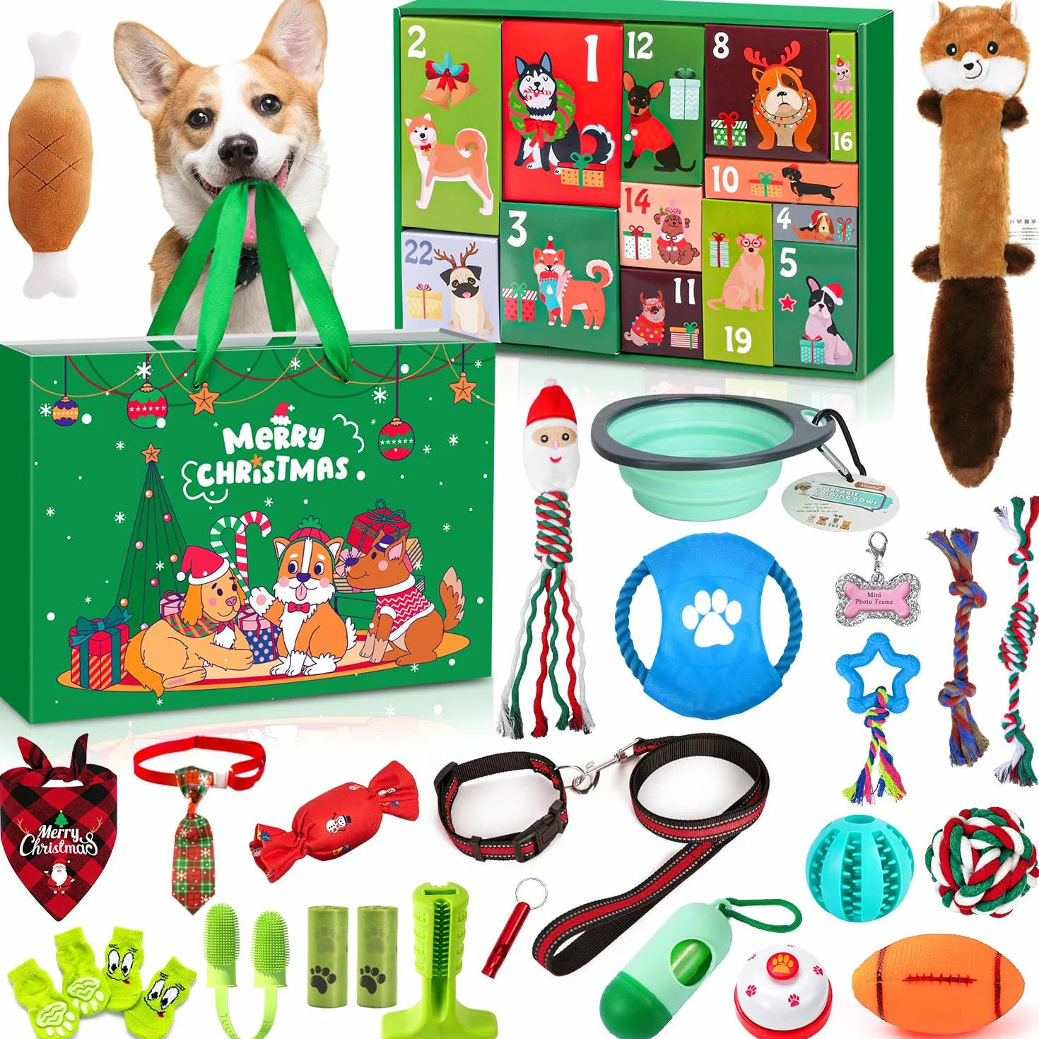 iZoeL Calendario Avvento Cani Calendario Avvento per Cani Regalo Natale 2025 Giochi per Cani, Giocattoli Interazione per Cani Indoor Outdoor - Frisbee Guinzaglio Corda Palla