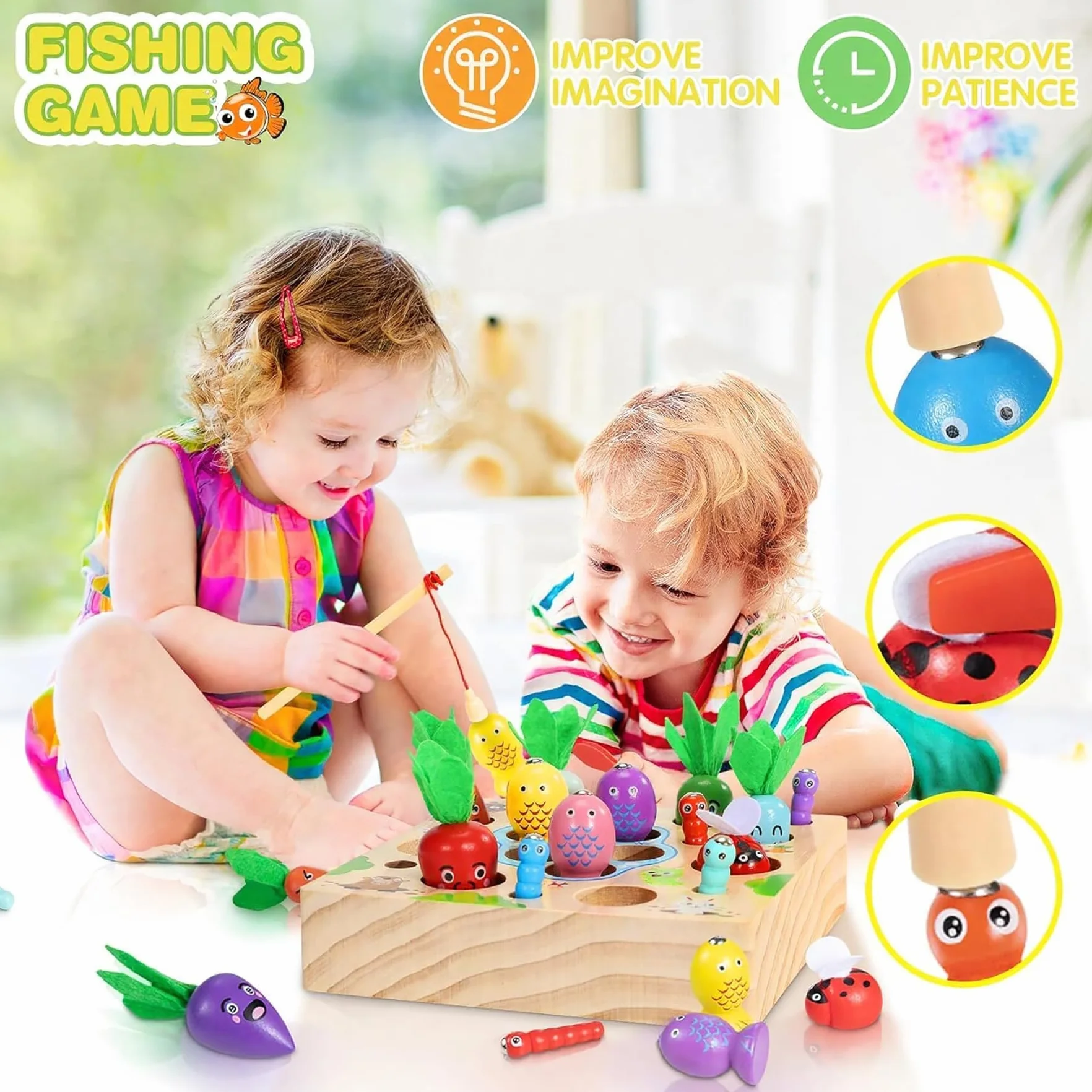 COOLJOY Giochi Montessori 2 3 Anni | 4 in 1 Magnetici di Pesca in Legno Abilità Motorie Giocattoli Educativi | magnetici Gioch| Compleanno Regalo per 2 3 4 Anni Bambini Ragazzi