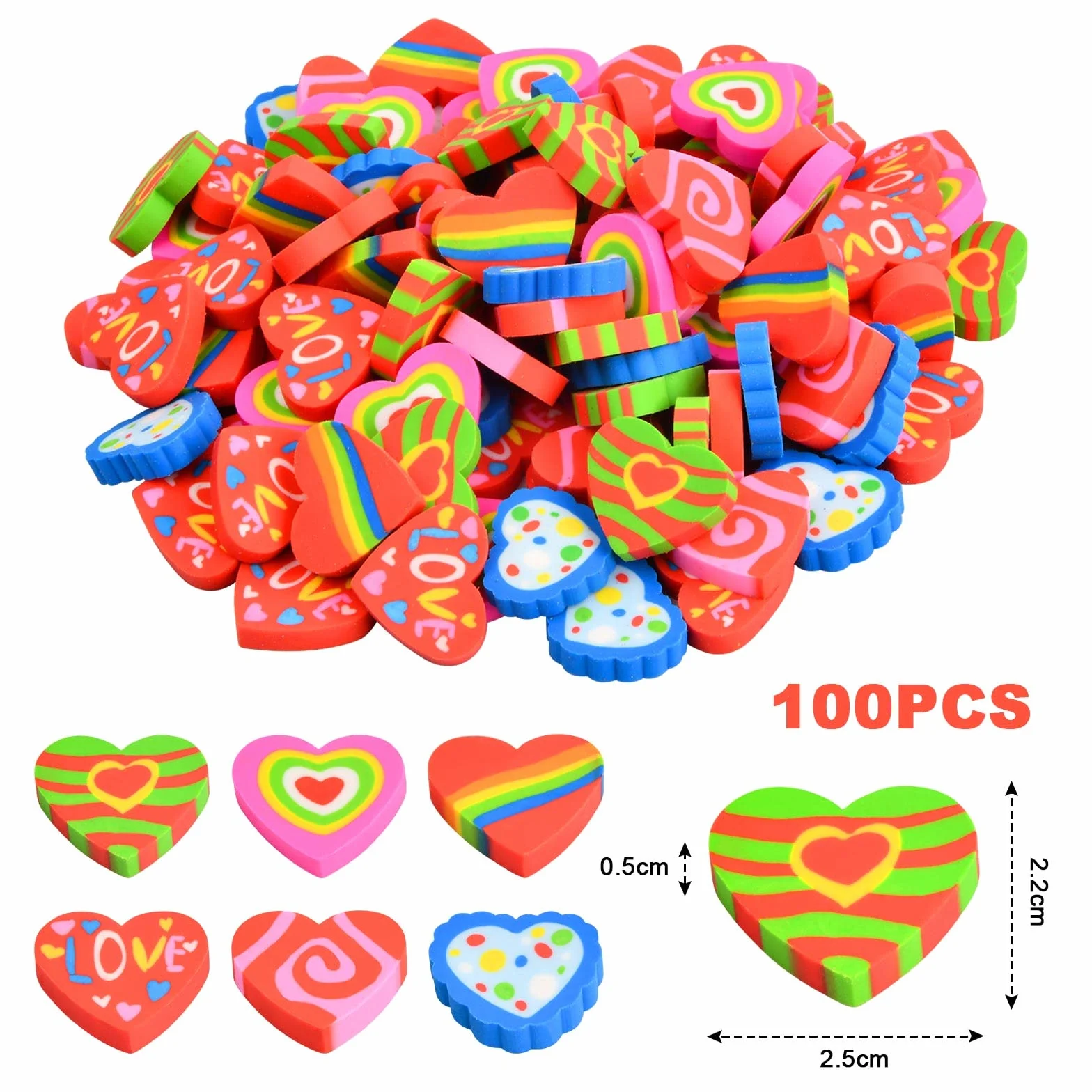100 Pezzi Gomme da Cancellare per Bambini, a Forma di Amore, Mini Divertenti e Colorate, per Premi Compiti, in Classe, Regali