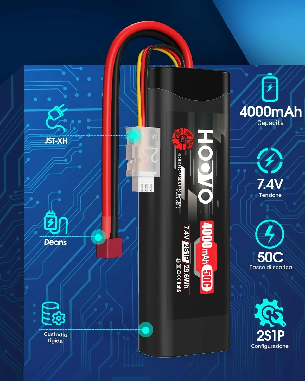 Batteria 2S RC 7,4 V 50 C 4000 mAh LiPo con spina Dean Style T Batterie HOOVO per RC Car Truck Boot Hobby Quadcopter Truggy Racing Driving (2 pezzi)