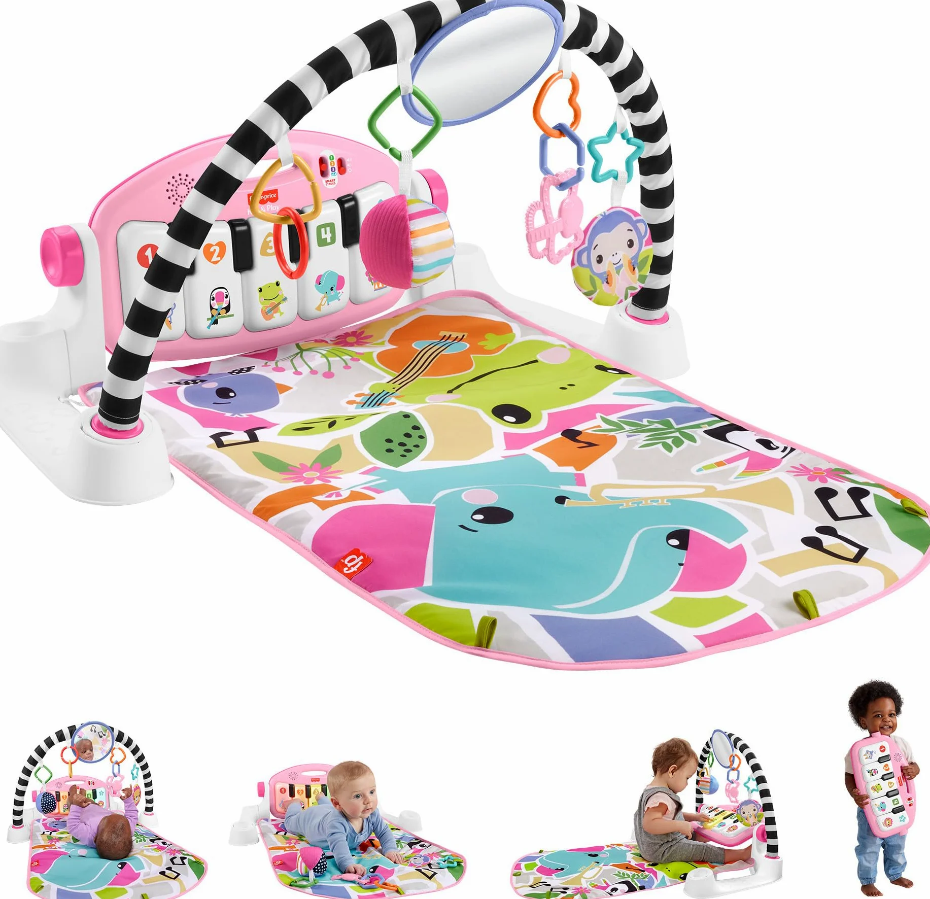 Activity Mat Glow And Grow Kick & Play Piano Gym, Portable Musical Toy with Smart Stages Learning, Ages 0+ Months, Pink