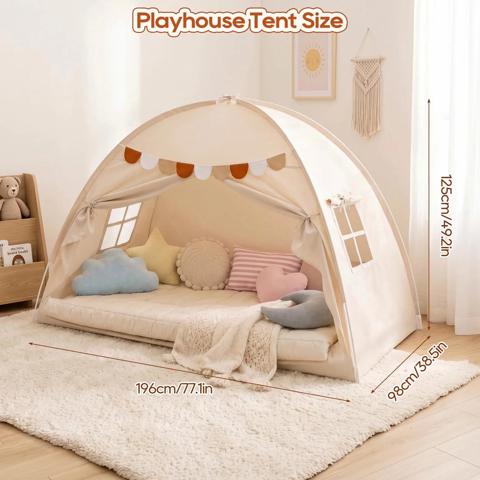 Tenda da Letto per Interni, Casetta da Gioco Pieghevole da Pavimento con Bandierine Decorative e Finestre Traspiranti, Baldacchino per la Privacy in Camera da Letto (Crema, 196 x 98 x 125 cm)