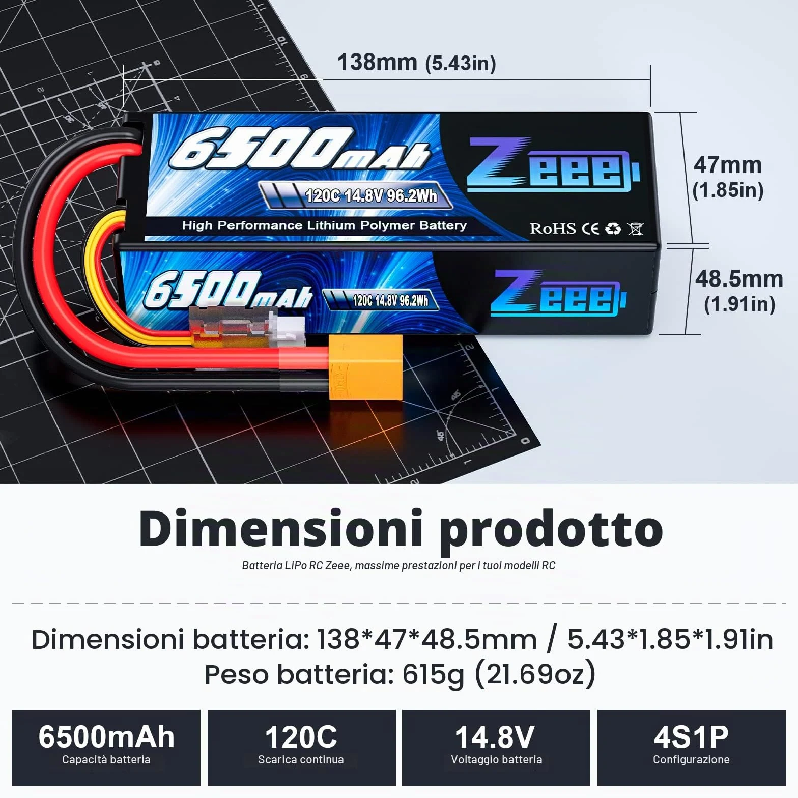 Zeee 4S Lipo 6500mAh 14,8V 120C Batteria RC con Spina XT90 (2 Pezzi) | Batteria RC per RC Car Truck Tank Buggy Truggy RC Racing Models