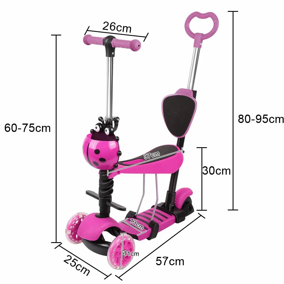 Monopattino per bambini 5 in 1 a partire dai 2 anni fino a 50 kg, con sedile pieghevole e ruote LED, regolabile in altezza, pieghevole, triciciclo scooter per bambini e bambine