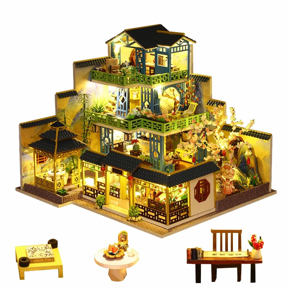 Casa delle bambole in miniatura in stile cinese a tre piani, mobili in legno, kit fai da te per casa delle bambole con LED per stanza creativa, regalo per adulti e bambini