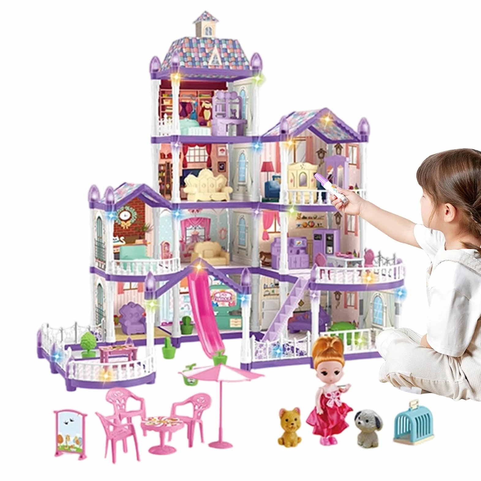Casa delle Bambole 4 Piani 13 Stanze Villa Miniatura da Montare | Set di Casa con 3 Principesse e 2 Cuccioli e Arredamento Per Bambini 4-6 di Ruolo Regalo Natale