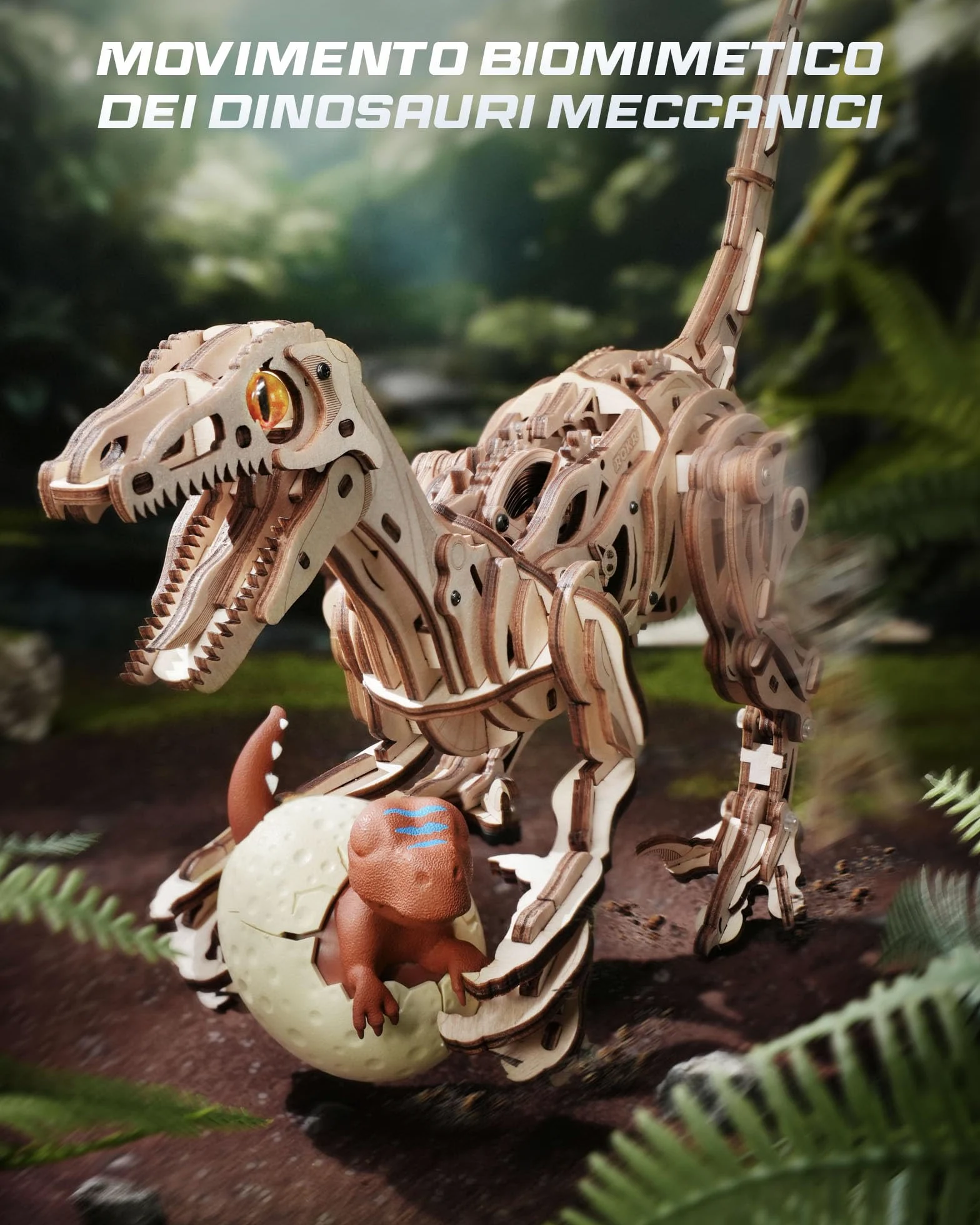 ROKR Puzzle 3D Legno Giocattoli a forma di dinosauro, Modellismo da Costruire Adulti Velociraptor, Puzzle 3D a Forma di Animale che Cammina, Regalo per Bambini e Adulti, Velociraptor, LD01