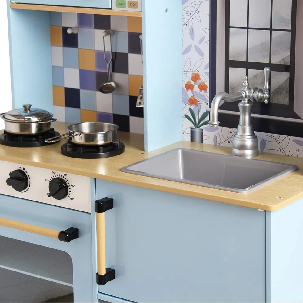 DEQUBE - Cucina in legno, 2 moduli, design moderno, cucina giocattolo con luci e suoni, contiene accessori metallici per il gioco, dimensioni 72 x 30 x 85 cm, colore blu (913D00013)