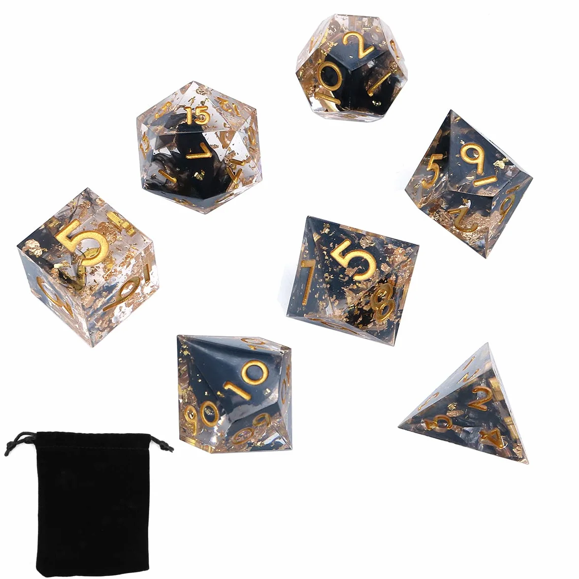 Set di Dadi DND DollaTek in Resina di Lusso Trasparenti - D4 D6 D8 D10 D12 D20 - Nero Trasparente