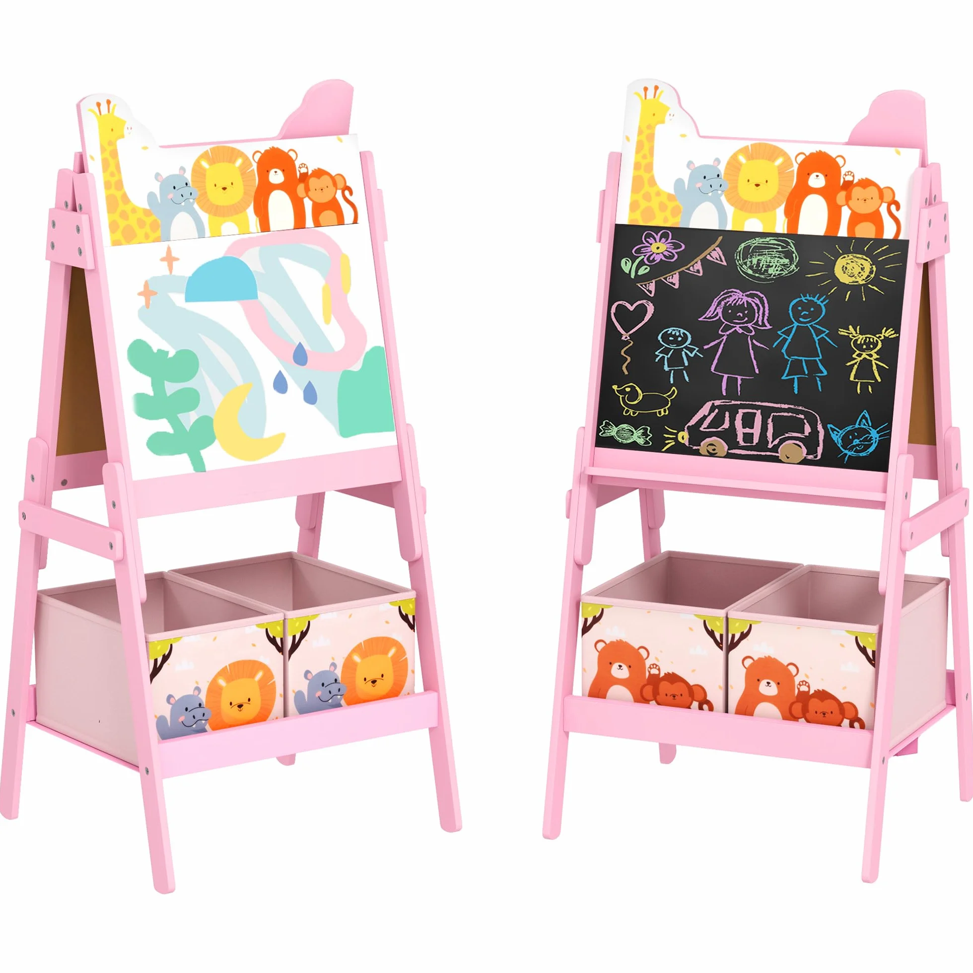 AIYAPLAY Cavalletto Artistico per Bambini in Legno 3-8 Anni con Lavagna Bianca e Nera 53.5x49x113 cm Rosa