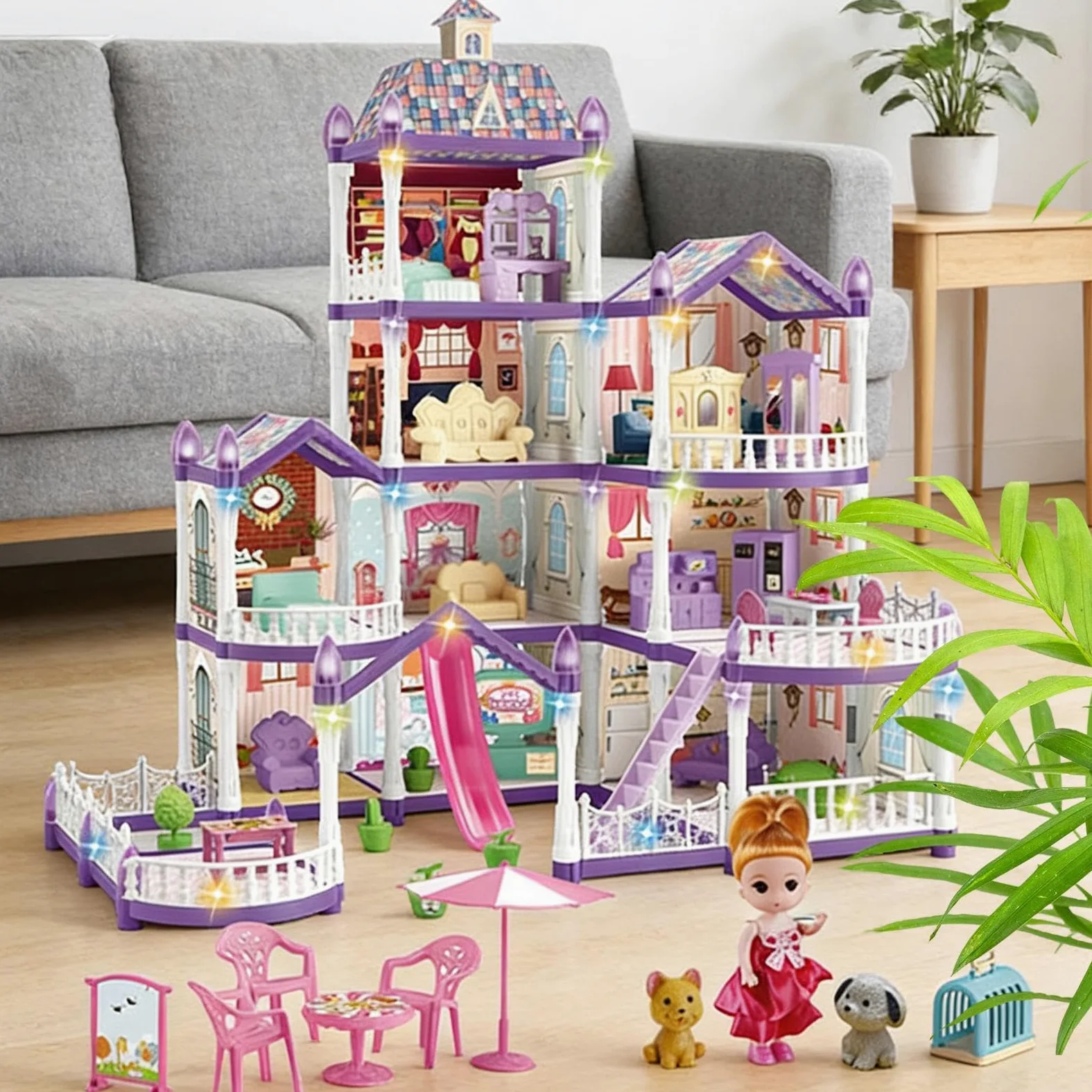 Casa Di Bambole Per Bambine 4 Piani 13 Stanze Villa Miniatura da Montare | Piccola Casa Delle Bambole Con 3 Principesse 2 Cuccioli E Arredo Per Bambine 4-6 di Ruolo Indoor Regalo per Feste