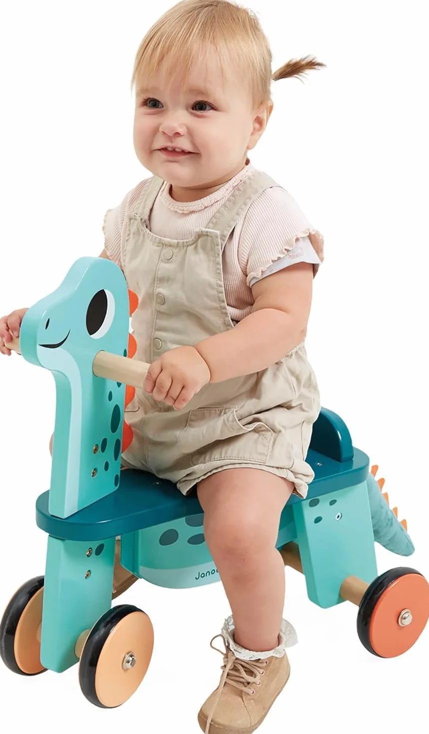 Janod Cavalcabile Dinosauro Portosauro Altezza Sedile 21 cm Coda Peluche Removibile Giocattolo Multisensoriale Legno FSC dai 12 Mesi