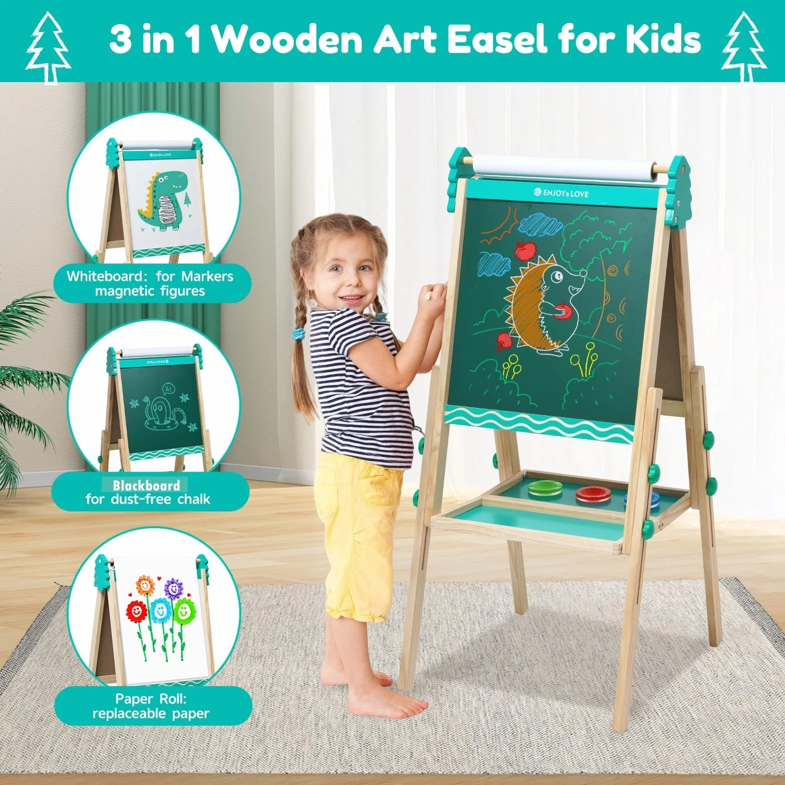 Lavagna per bambini, Lavagna con Cavalletto Bambini in legno, Disegno dell'arco regolabile in altezza, per bambini, con Rotolo di carta Giocattoli Educativi 3+ Anni (Blu)