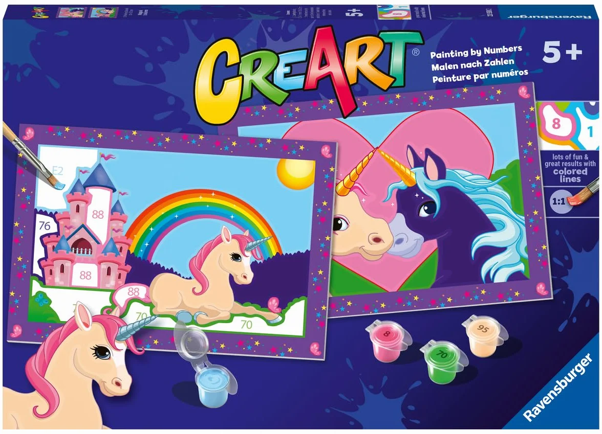 Ravensburger CreArt 5 Anni Junior: Unicorni – Dipingere con i Numeri per Bambini 5+ Anni, Kit Pittura con 2 Tavole, Pennello Ergonomico e Colori Inclusi, 32 x 22 cm, Idee Regalo per Bambini 5 Anni