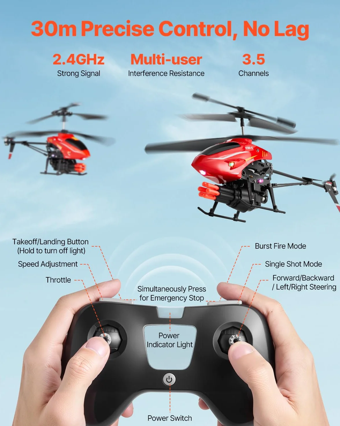 VEVOR Elicottero RC, Giocattoli Elicottero Radiocomandato Volante da 2,4 GHz 3,5 Canali con Modalità di Sparo, Mantenimento dell'Altitudine, Decollo/Atterraggio con un Solo Tasto e Luci a LED