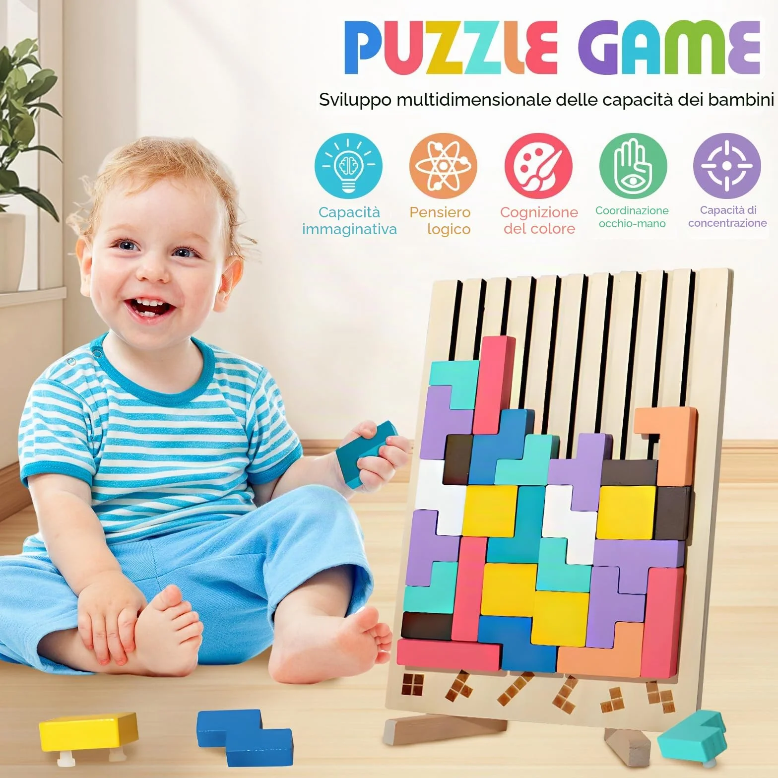 Tetris Gioco per Bambini con Borsa Puzzle di Legno Montessori