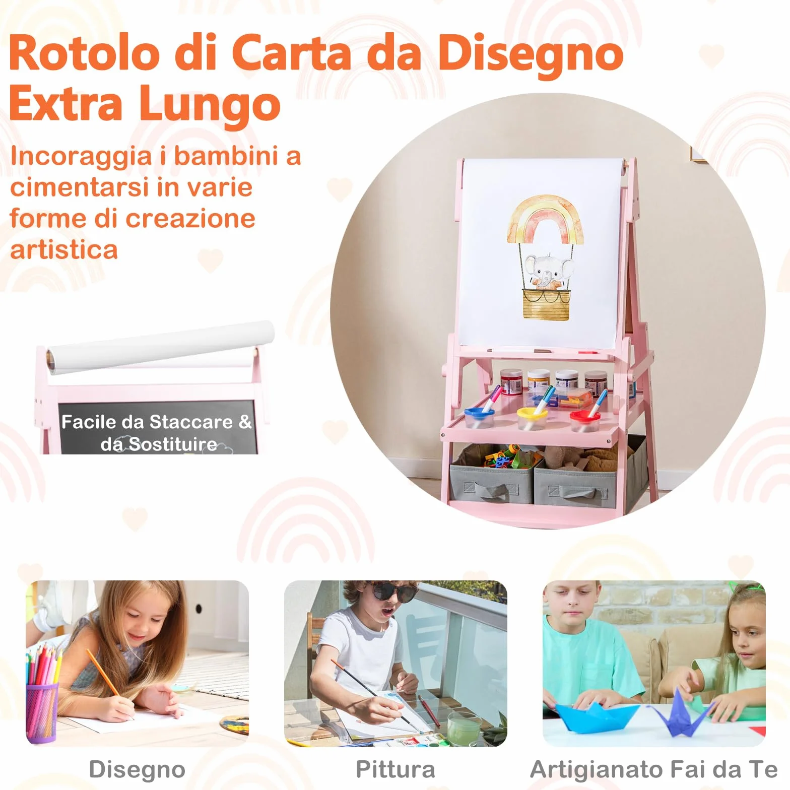RELAX4LIFE 3 in 1 Lavagna per Bambini Cavalletto Doppia Faccia Magnetica Lavagna Bianca Rotolo Carta Scaffale Doppio 2 Cesto Tessuto Pieghevole Rosa