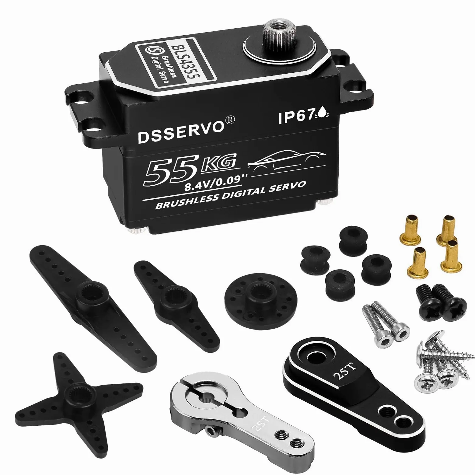 Servo brushless a basso profilo da 55 kg con 2 corno servo 25T tutto il metallo IP67 impermeabile Servo digitale ad alta coppia servo sterzo veloce per 1/8 1/10 1/12 1/14 RC auto, 180 °