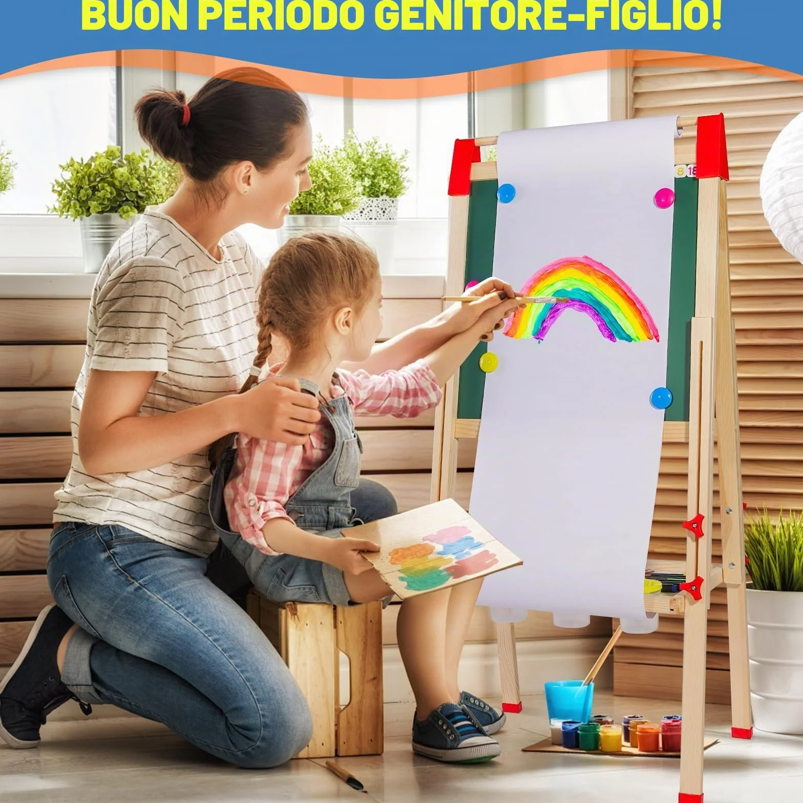 Cavalletto per Bambini in Legno Lavagna Doppia Faccia con Supporto per Rotoli