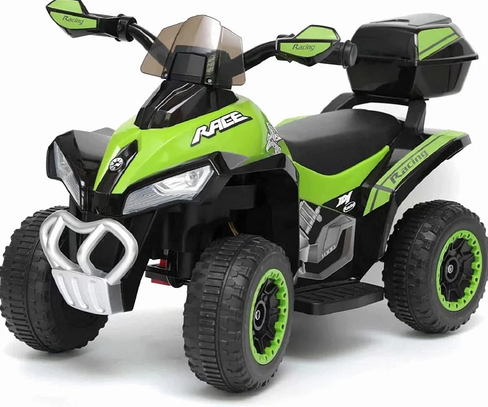 Tecnobike Shop Mini Quad Deluxe 6V luci Suoni Batteria Ricaricabile Marcia Avanti e Indietro Baluetto e Parabrezza (Verde)