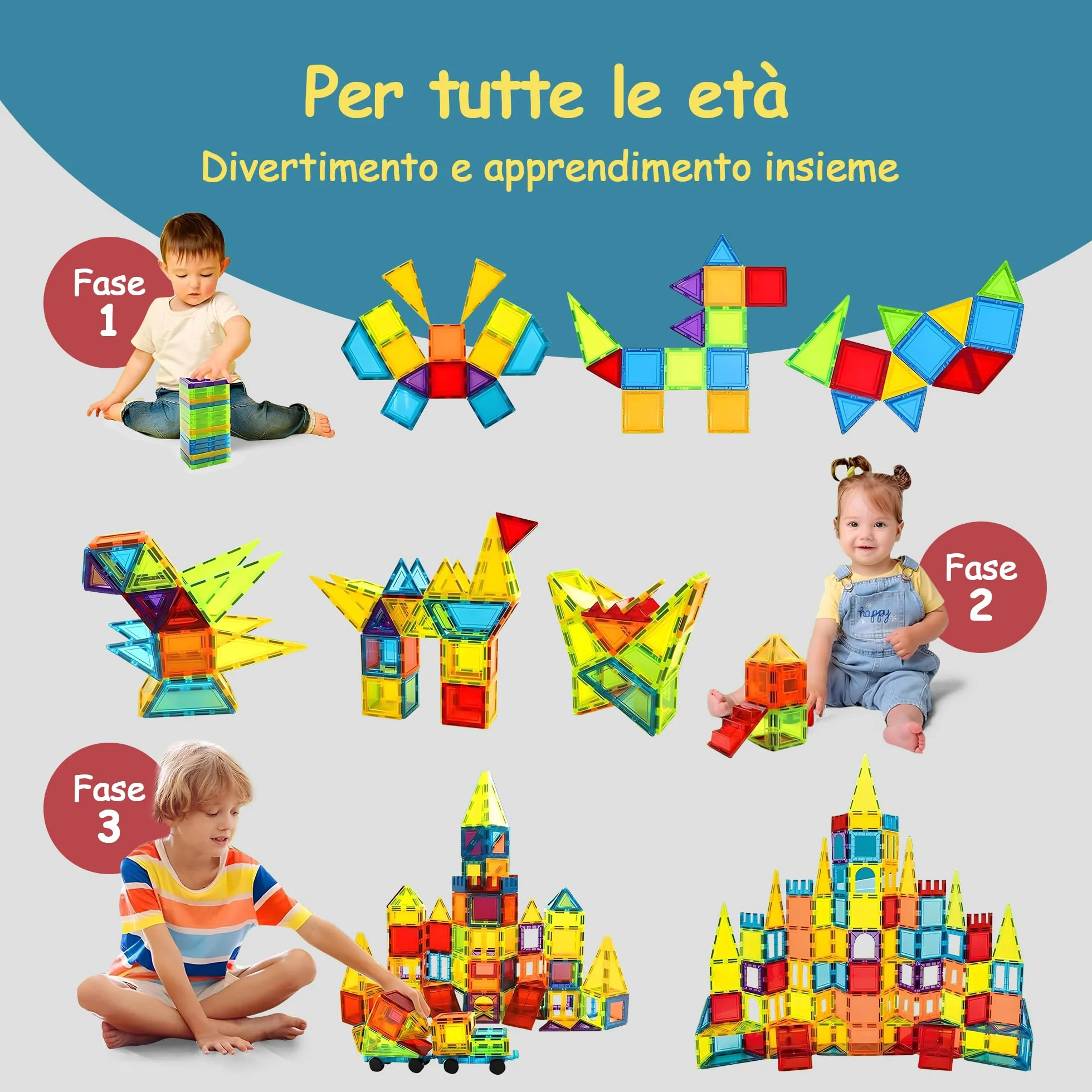 Olvy Set 74 Blocchi Magnetici per Bambini, Piastrelle Magnetiche Montessori, Gioco di Costruzioni 3+ Anni