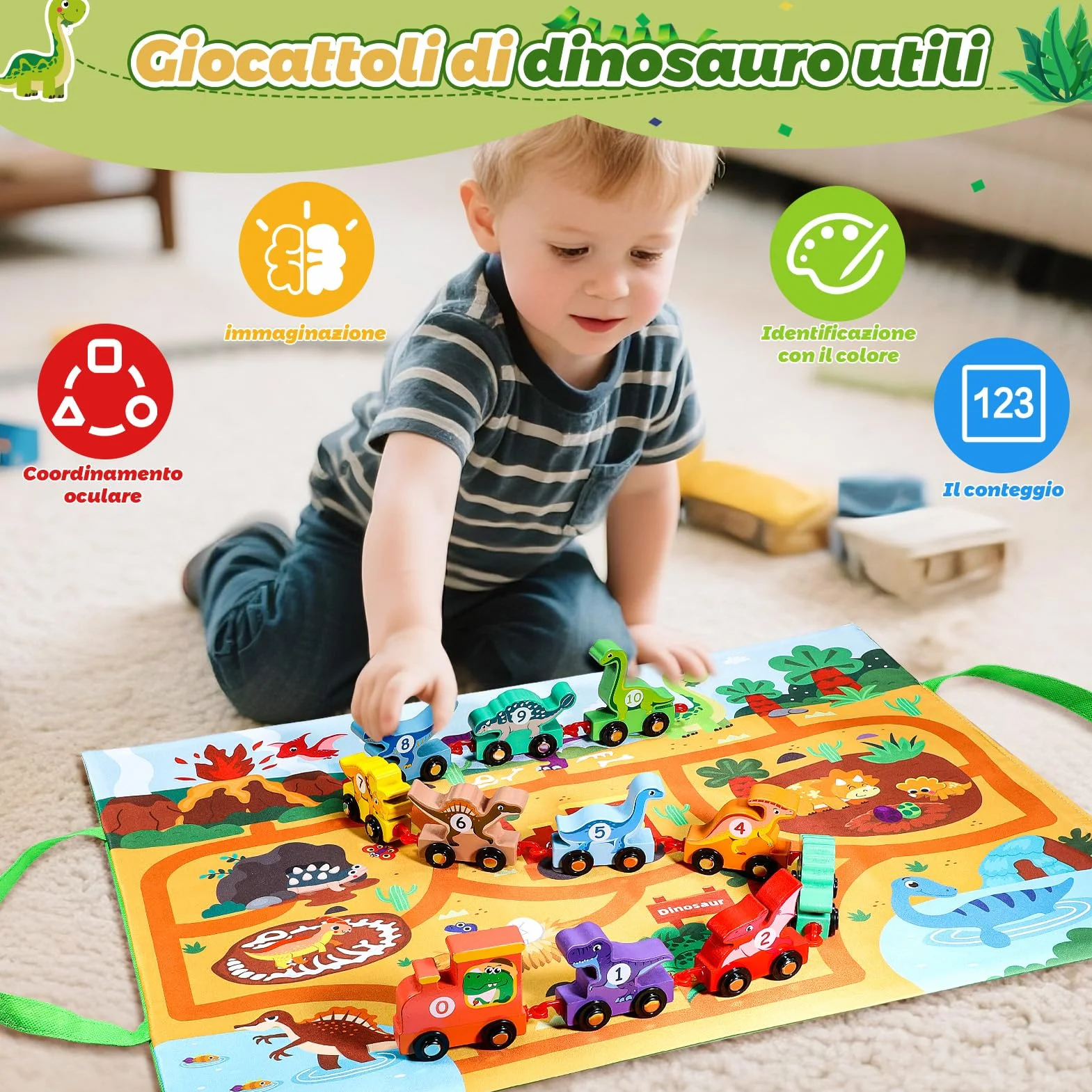Anginne Giochi Bambini 1 2 3 Anni, Trenino di Legno Dinosauri, con Tappetino per Riporre i Giochi, Regalo Bambino 1 Anno Maschio Gioco Bambino 1-4 Anni - Giocattoli Dinosauri per Bambini