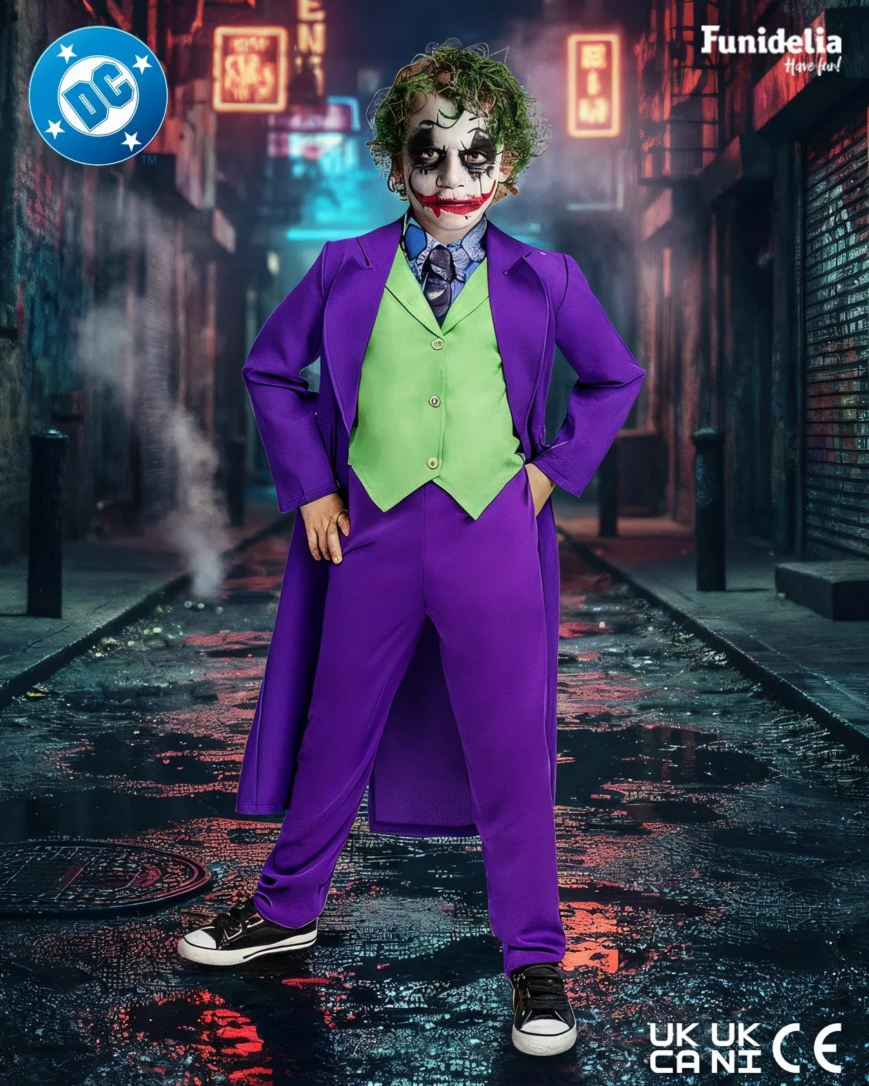 Funidelia Costume Ufficiale di Joker per bambino, Include giacca, gilet con colletto e cravatta e pantaloni, Supereroi, DC Comics - Completo per bambini per feste, Carnevale e Halloween