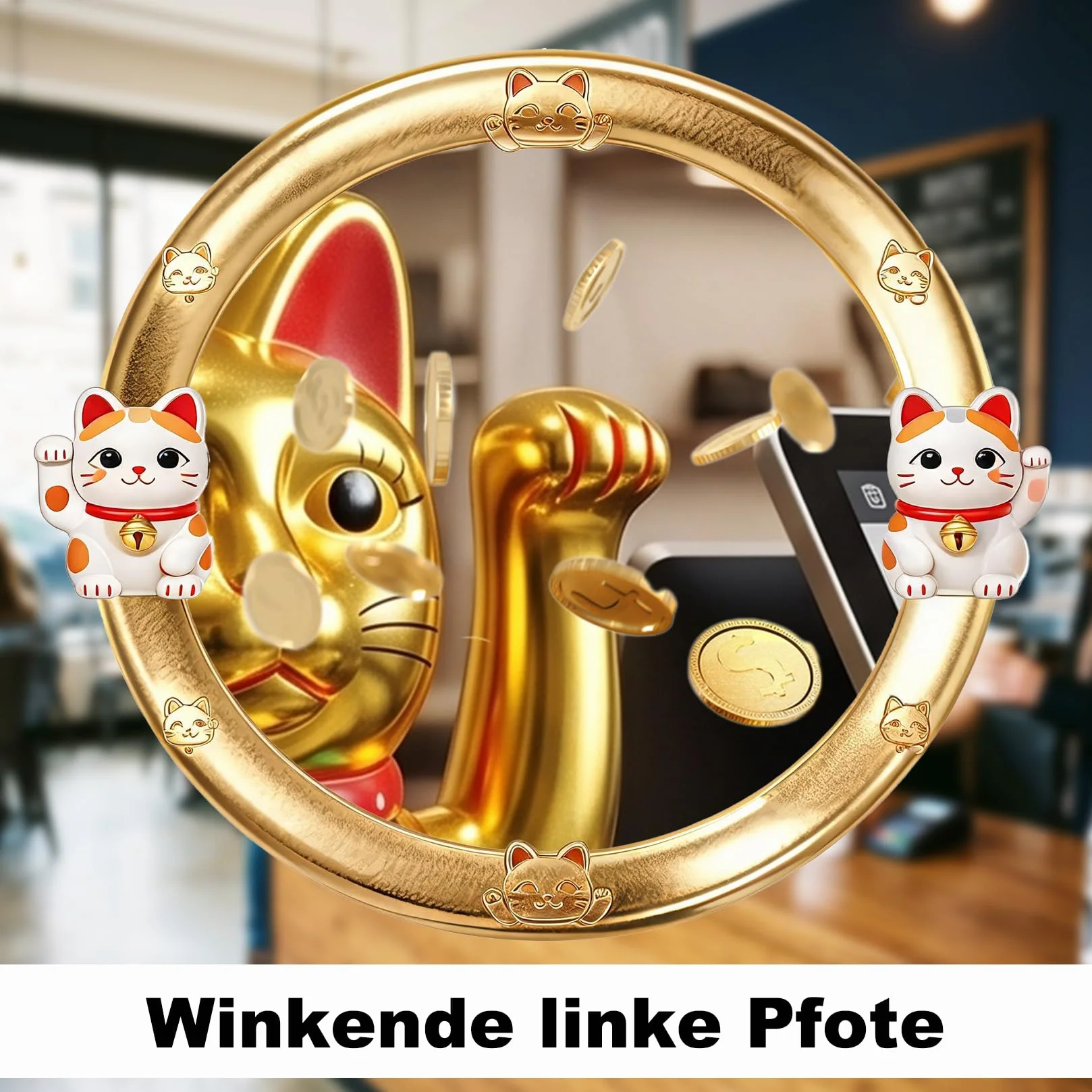 Starlet24 - Gatto portafortuna “Maneki Neko” con zampina che si muove, per feng shui, Plastica, gold, 11 cm