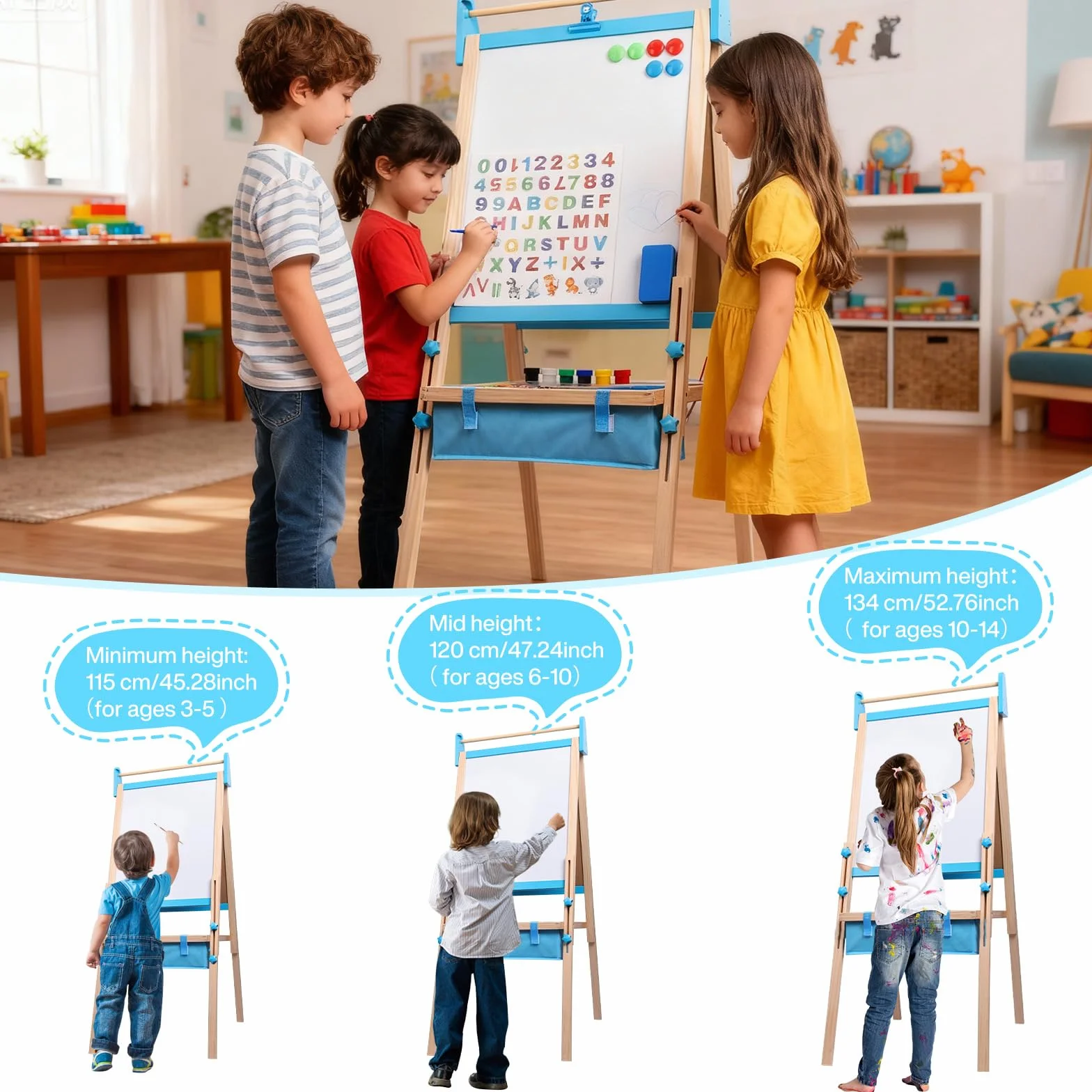 Lavagna per Bambini 3 in 1 Cavalletto Regolabile 115-134cm Legno Massello Magnetica e Bianca con Rotolo Carta 13 Accessori