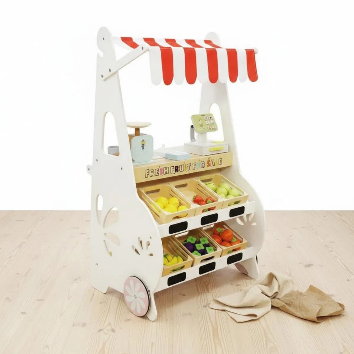 Children Play Store Banchetto Negozio Frutta Bambini Banco Mercato Chiosco Legno con Ruote E Cassetto Ghiaccio Area Cassa E Accessori Inclusi Adatto